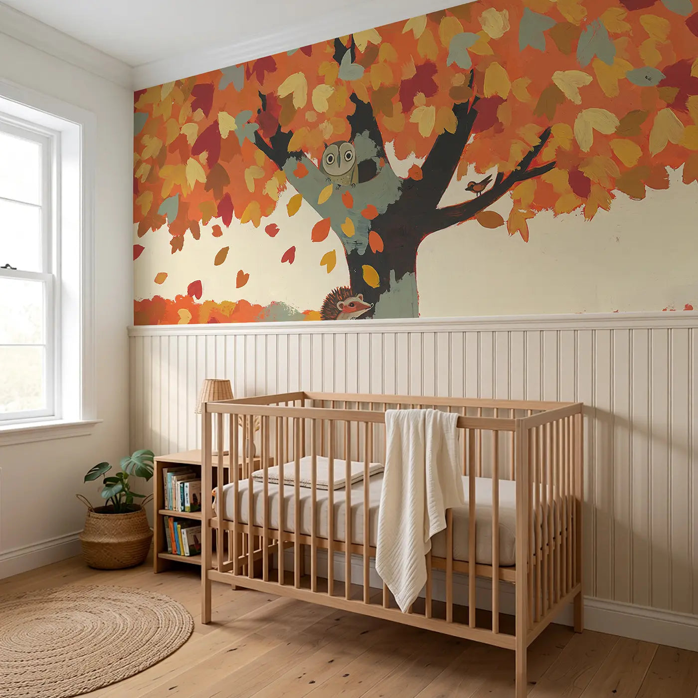 Colorful Owl Autumn Tree Wainscoting Wallpaper styled in a kids bedroom by Whimsy Tots