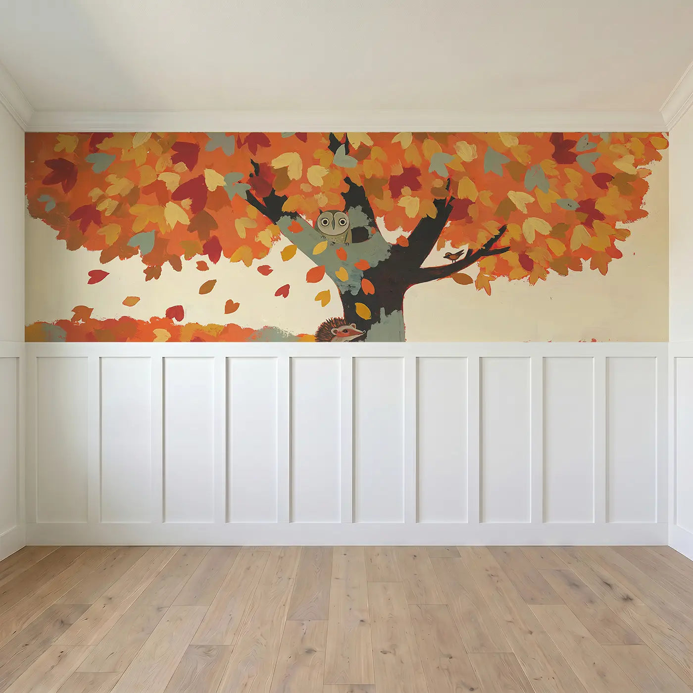 Full panel view of Colorful Owl Autumn Tree Wainscoting Wallpaper by Whimsy Tots