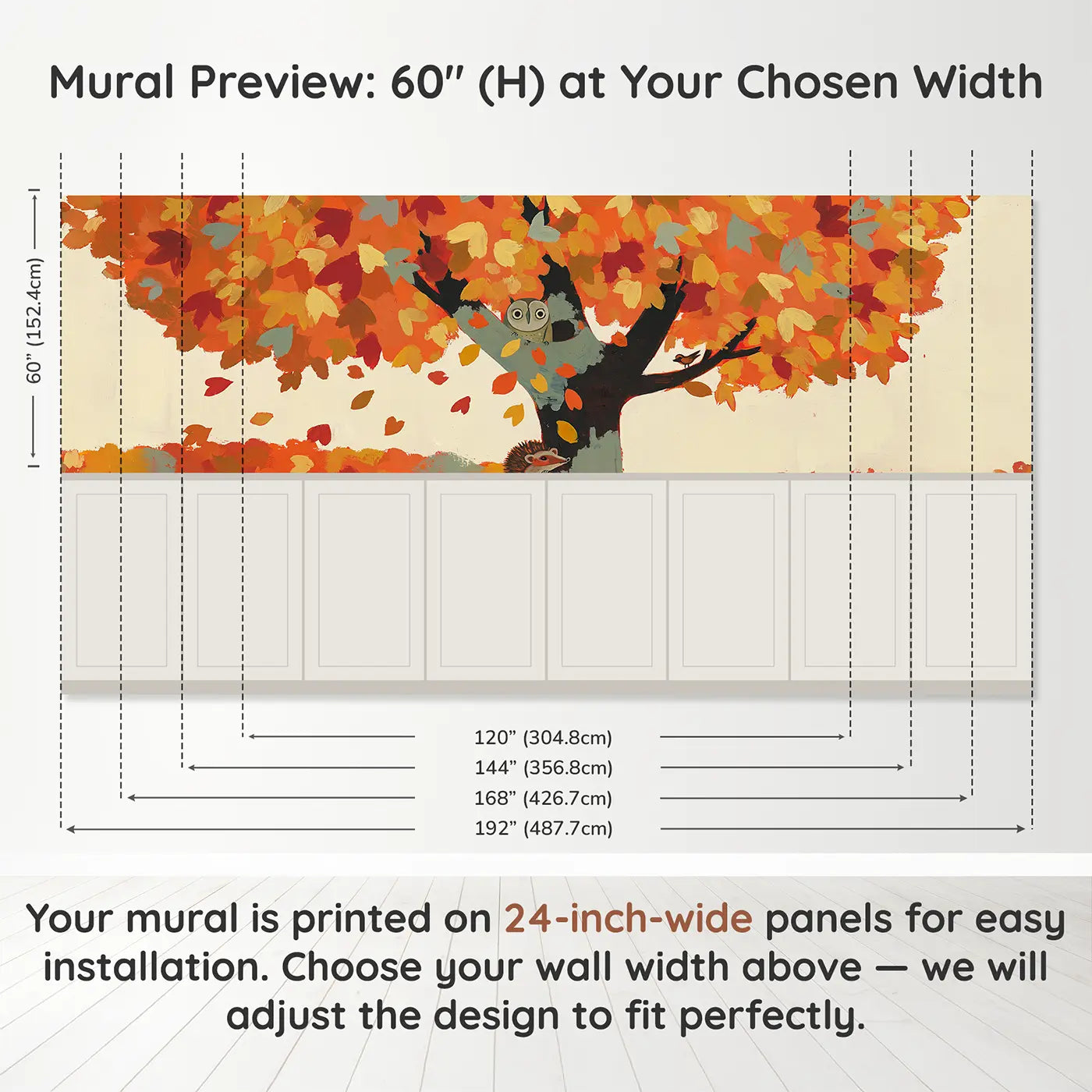 Panel dimensions for Colorful Owl Autumn Tree Wainscoting Wallpaper by Whimsy Tots