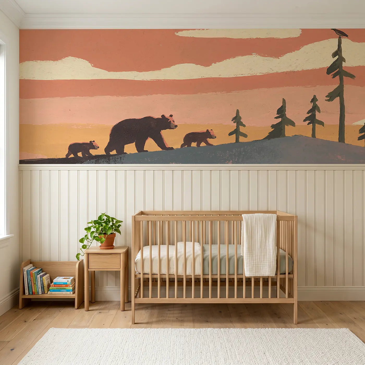 Modern Illustration bear family hilltop sunset wainscoting wallpaper for nursery by Whimsy Tots