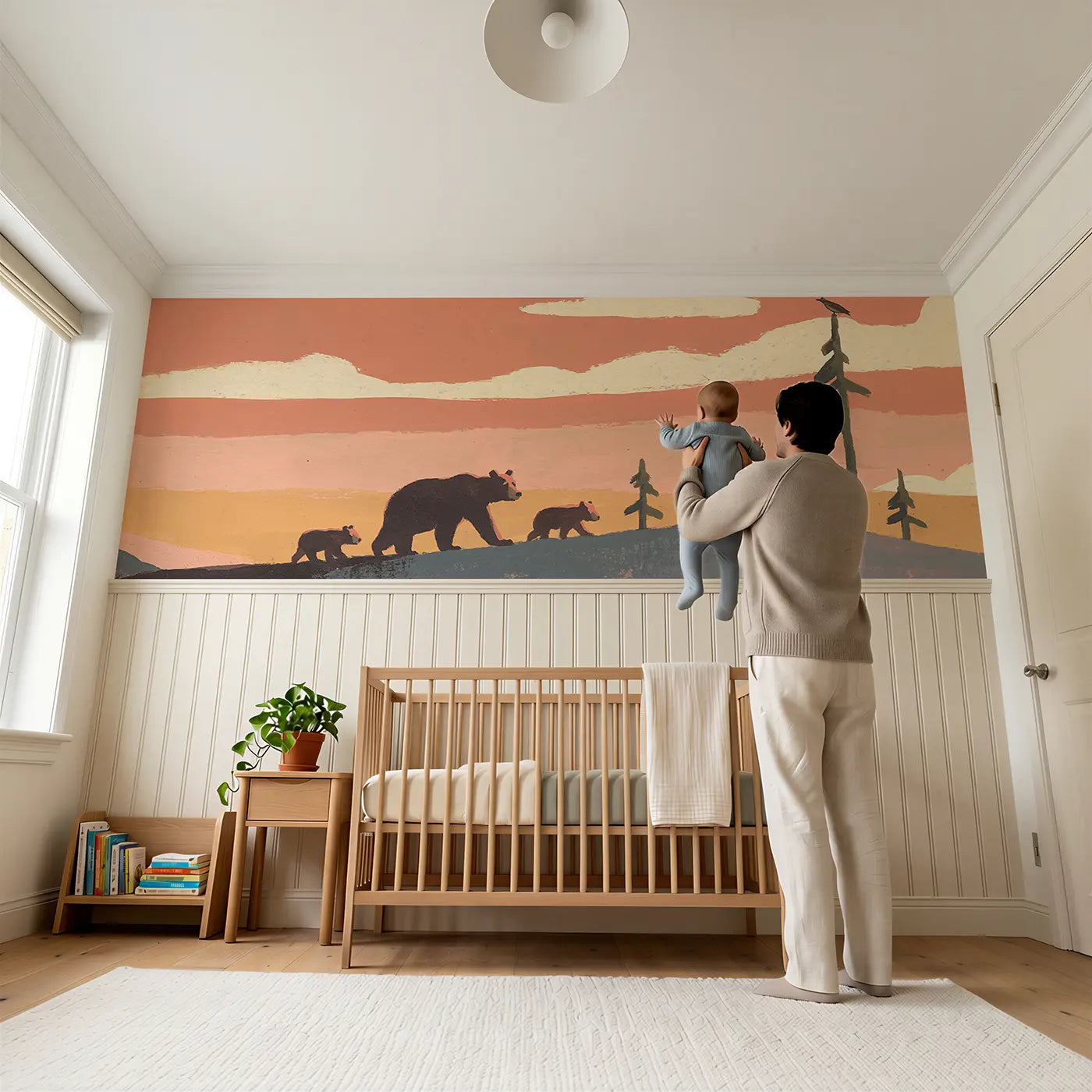 Child reading near Bear Family Hilltop Sunset Wainscoting Wallpaper by Whimsy Tots