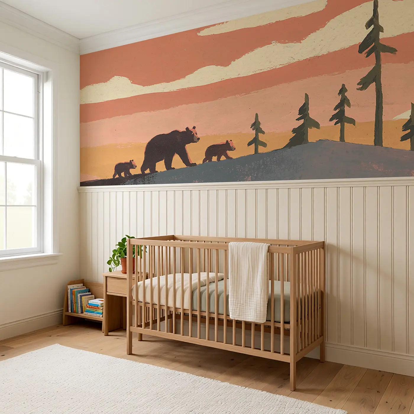 Bear Family Hilltop Sunset Wainscoting Wallpaper styled in a kids bedroom by Whimsy Tots
