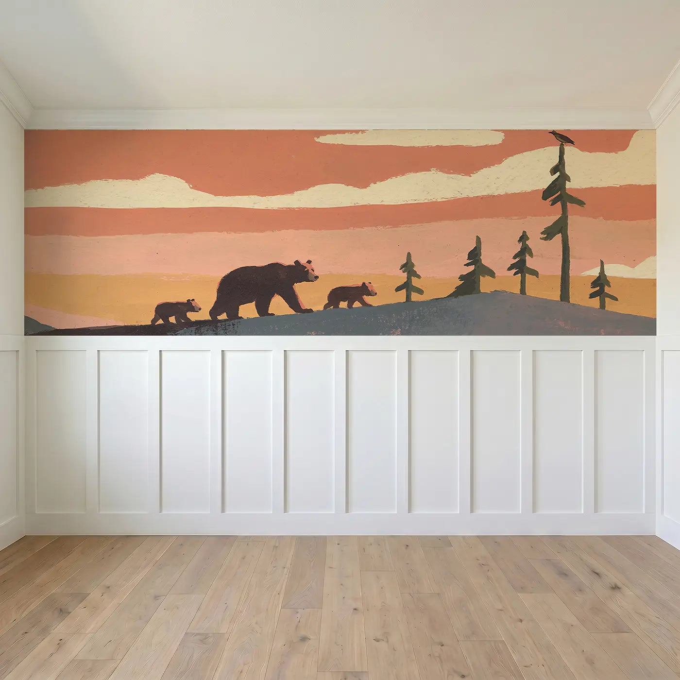 Full panel view of Bear Family Hilltop Sunset Wainscoting Wallpaper by Whimsy Tots