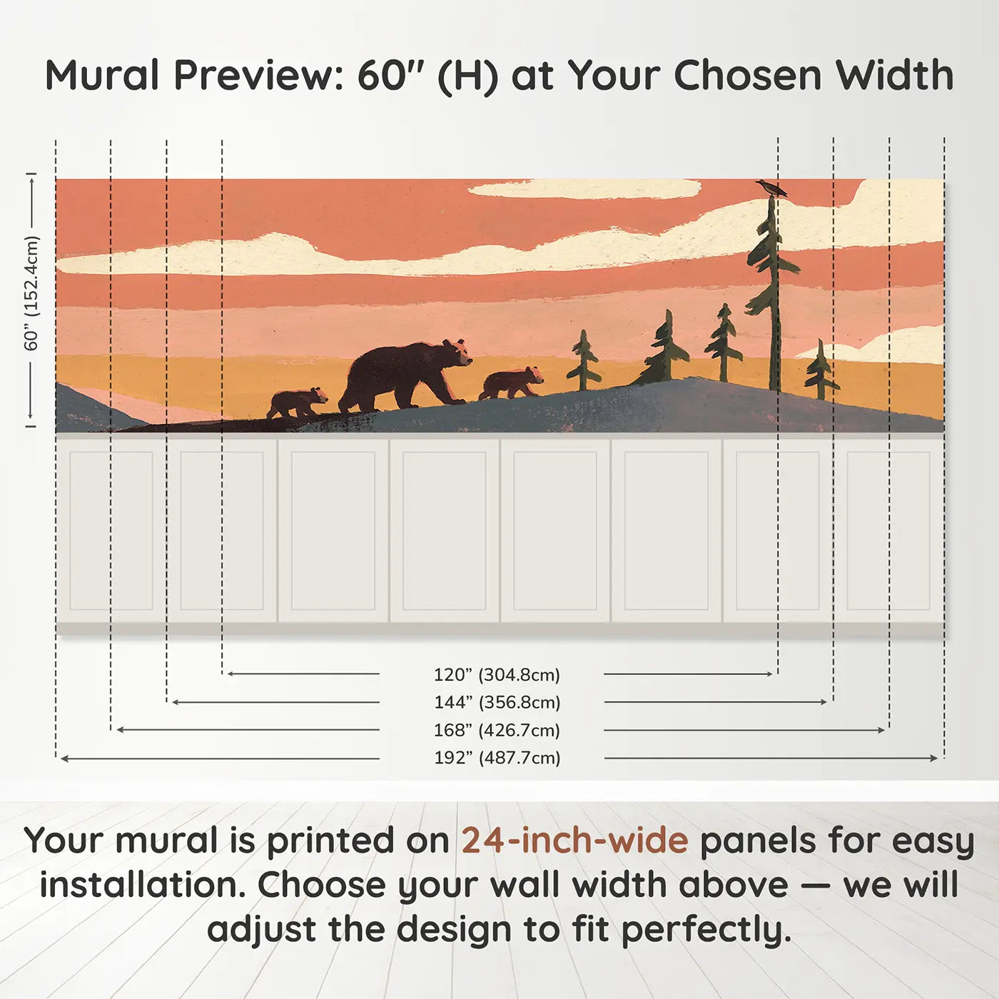 Panel dimensions for Bear Family Hilltop Sunset Wainscoting Wallpaper by Whimsy Tots
