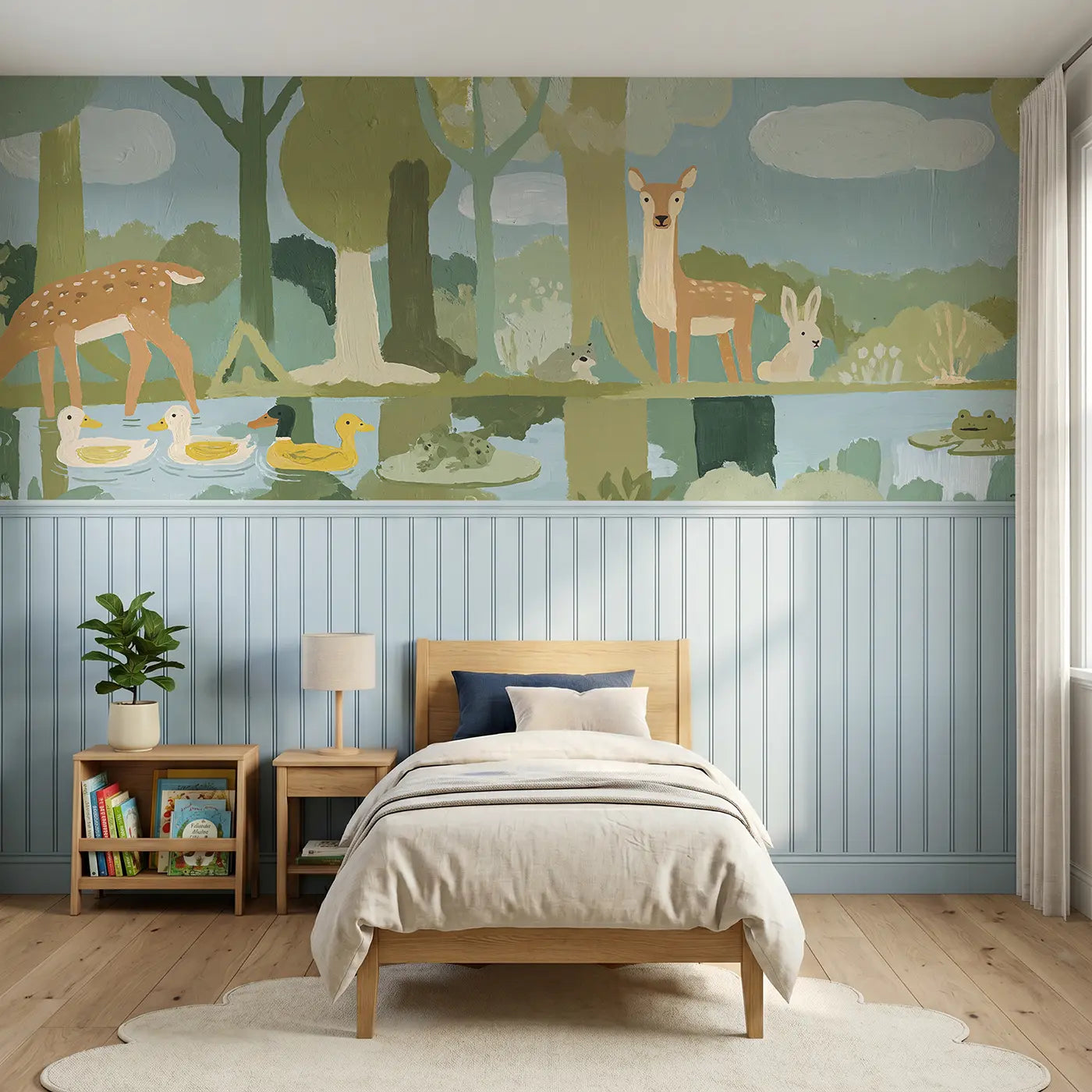 Modern Illustration woodland pond gathering wainscoting wallpaper for bedroom by Whimsy Tots