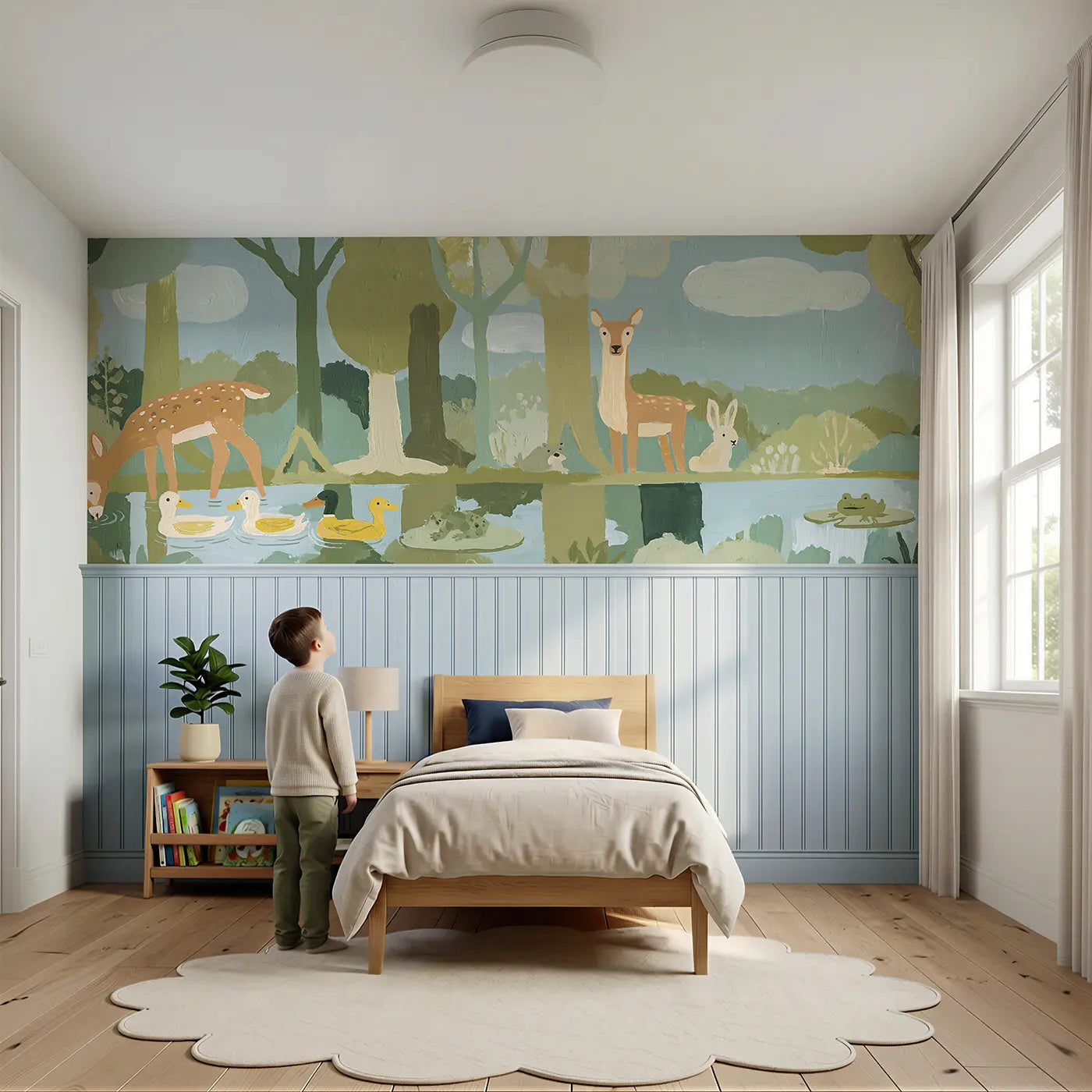 Child reading near Woodland Pond Gathering Wainscoting Wallpaper by Whimsy Tots