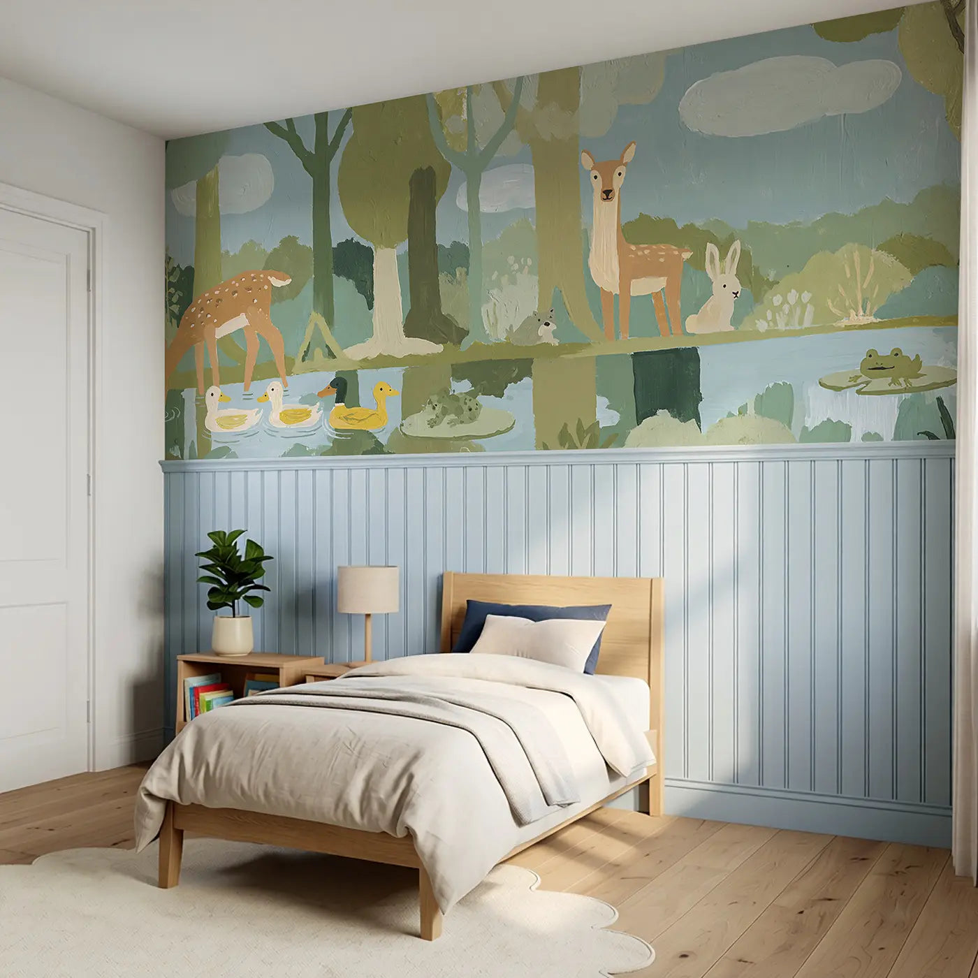 Woodland Pond Gathering Wainscoting Wallpaper styled in a kids bedroom by Whimsy Tots