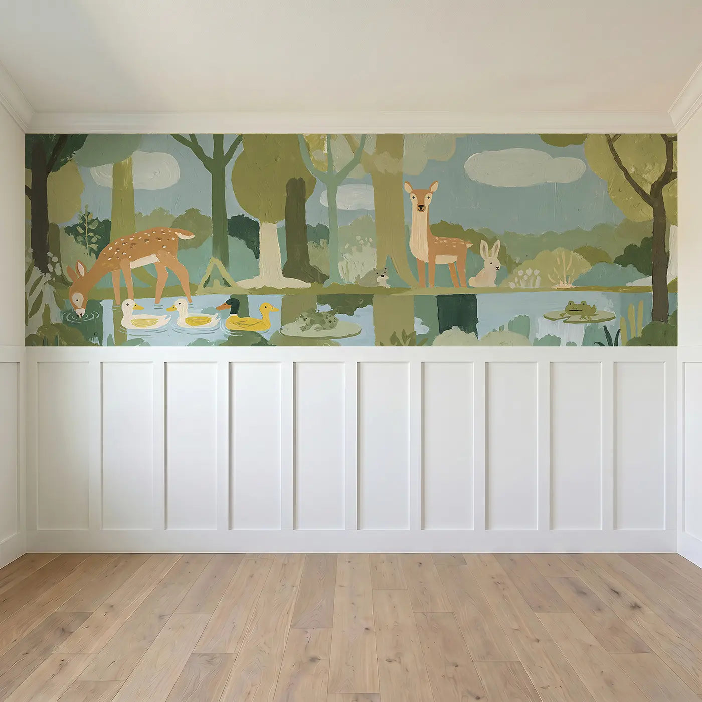 Full panel view of Woodland Pond Gathering Wainscoting Wallpaper by Whimsy Tots