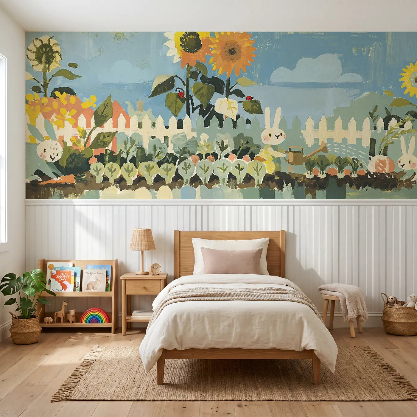 Modern Illustration rabbit vegetable garden fence wainscoting wallpaper for bedroom by Whimsy Tots