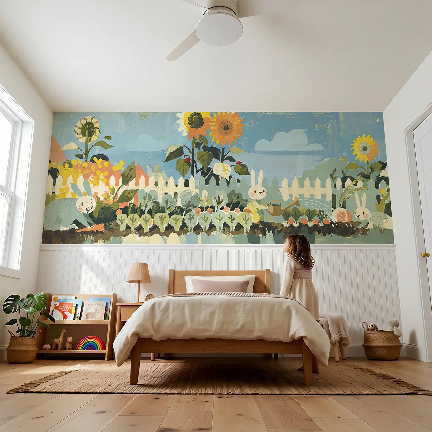 Child reading near Rabbit Vegetable Garden Fence Wainscoting Wallpaper by Whimsy Tots
