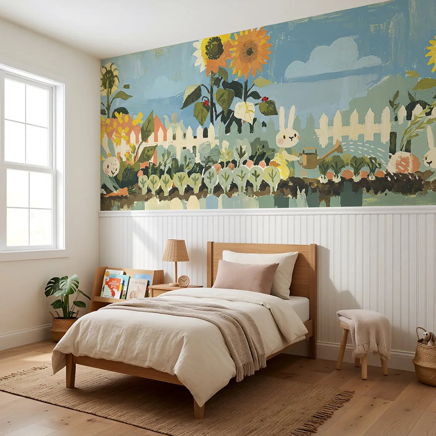 Rabbit Vegetable Garden Fence Wainscoting Wallpaper styled in a kids bedroom by Whimsy Tots