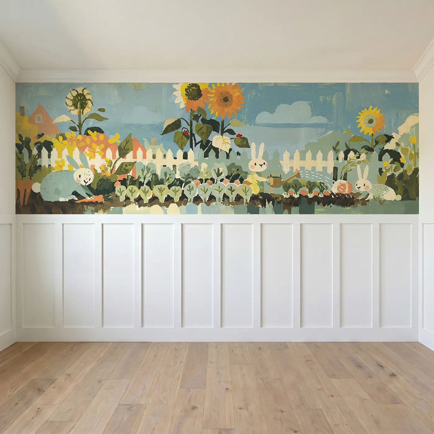 Full panel view of Rabbit Vegetable Garden Fence Wainscoting Wallpaper by Whimsy Tots