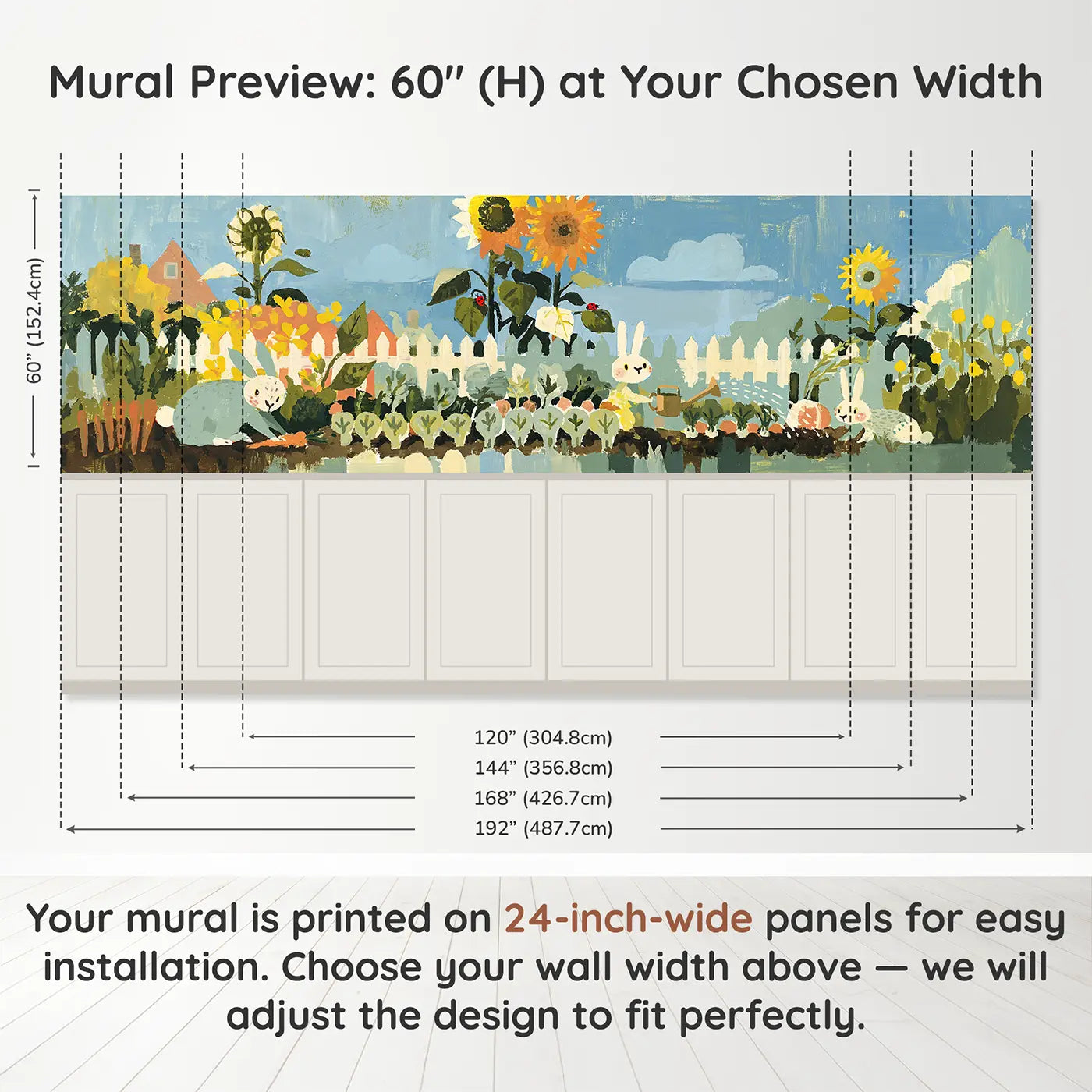 Panel dimensions for Rabbit Vegetable Garden Fence Wainscoting Wallpaper by Whimsy Tots