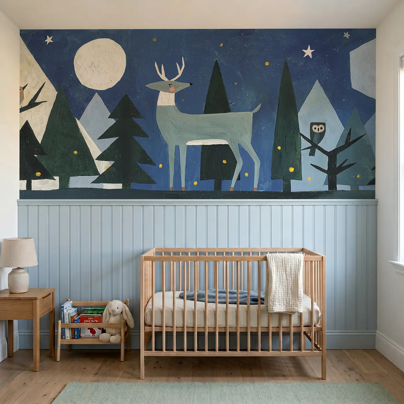 Modern Illustration moonlit deer pine forest wainscoting wallpaper for nursery by Whimsy Tots