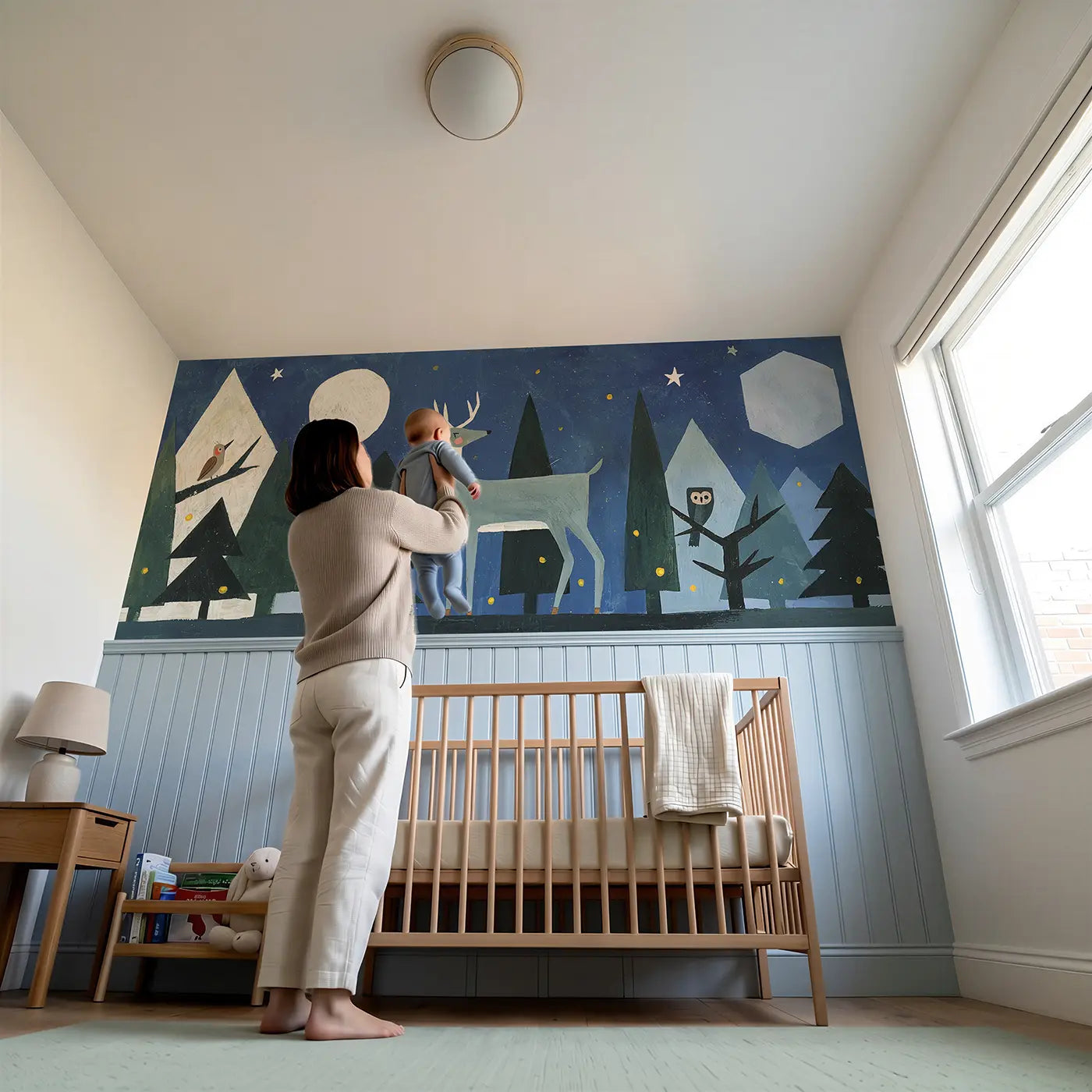 Child reading near Moonlit Deer Pine Forest Wainscoting Wallpaper by Whimsy Tots