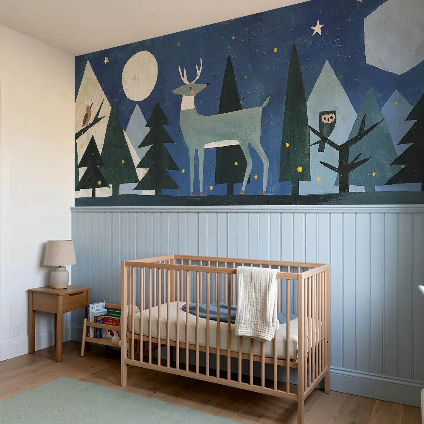 Moonlit Deer Pine Forest Wainscoting Wallpaper styled in a kids bedroom by Whimsy Tots