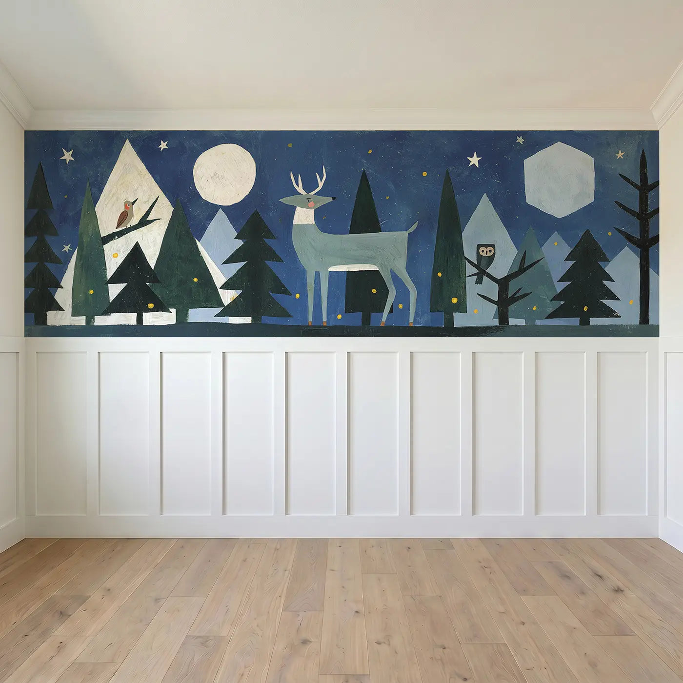 Full panel view of Moonlit Deer Pine Forest Wainscoting Wallpaper by Whimsy Tots