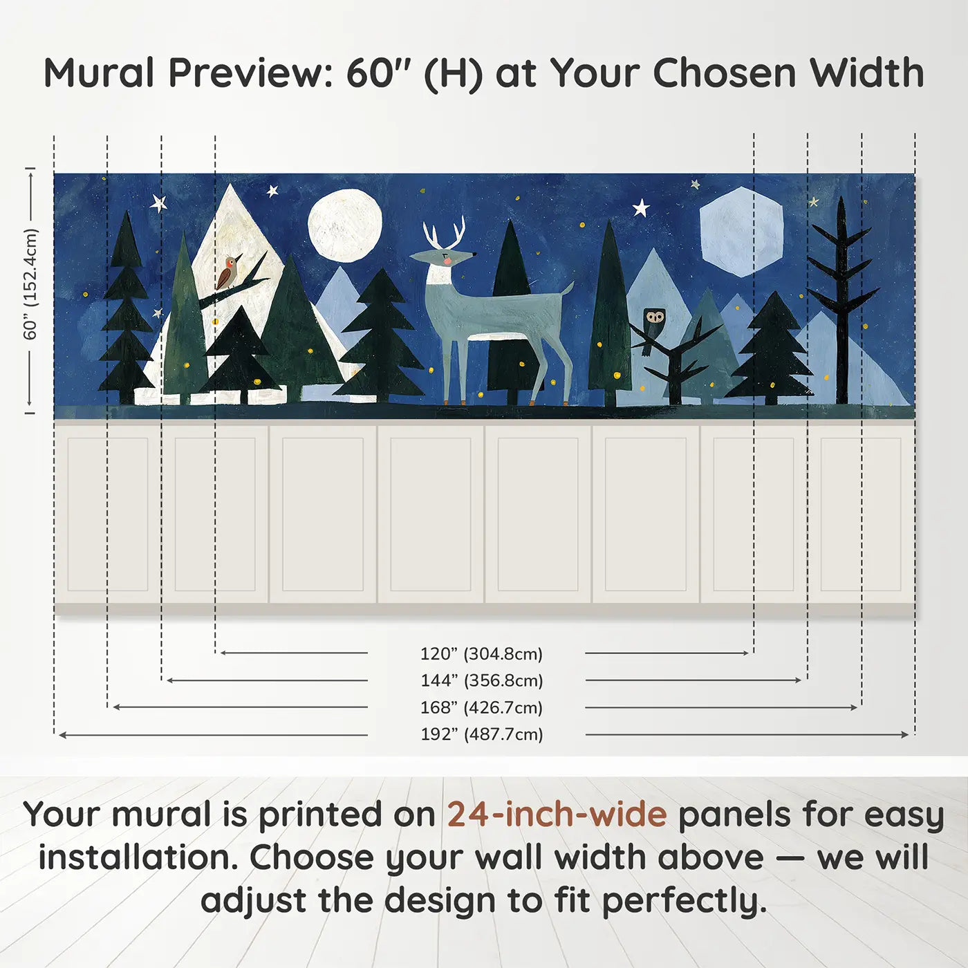Panel dimensions for Moonlit Deer Pine Forest Wainscoting Wallpaper by Whimsy Tots