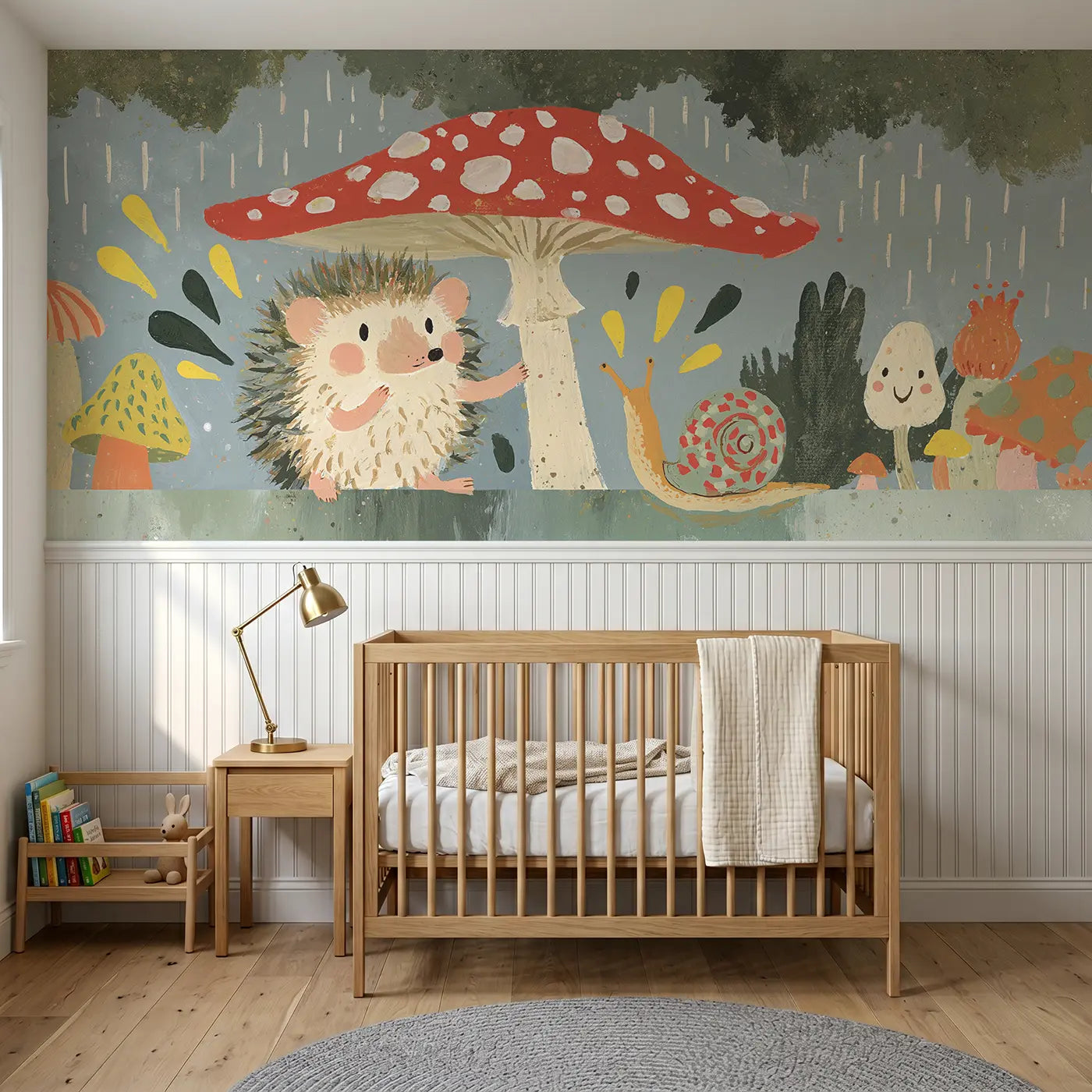 Modern Illustration hedgehog toadstool rain wainscoting wallpaper for nursery by Whimsy Tots