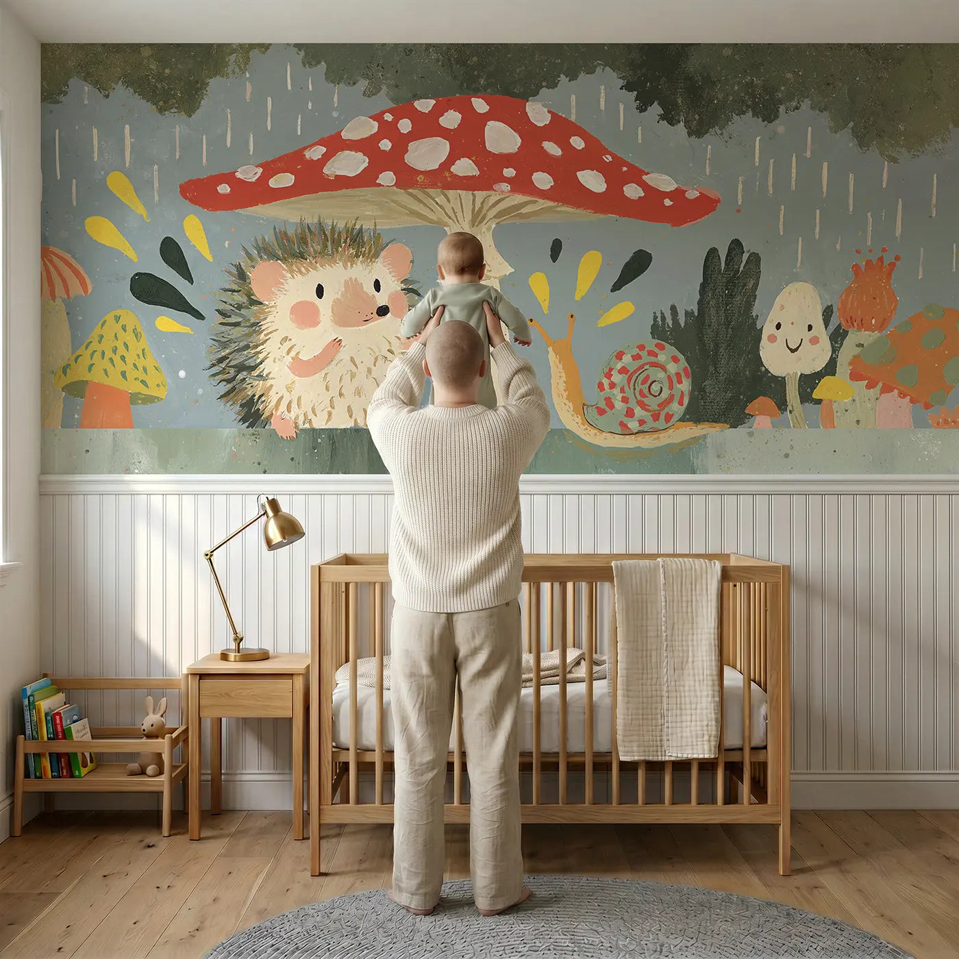 Child reading near Hedgehog Toadstool Rain Wainscoting Wallpaper by Whimsy Tots