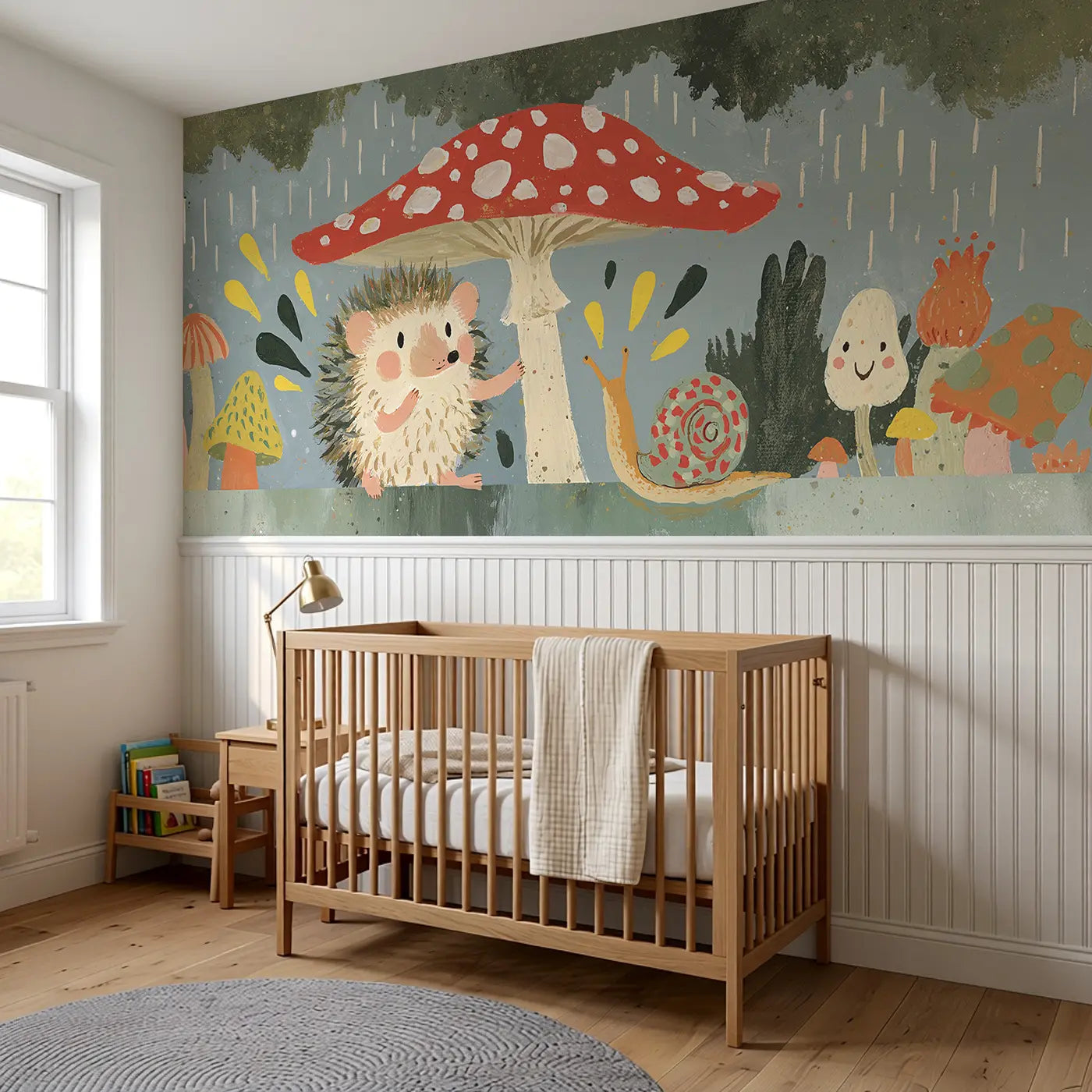 Hedgehog Toadstool Rain Wainscoting Wallpaper styled in a kids bedroom by Whimsy Tots
