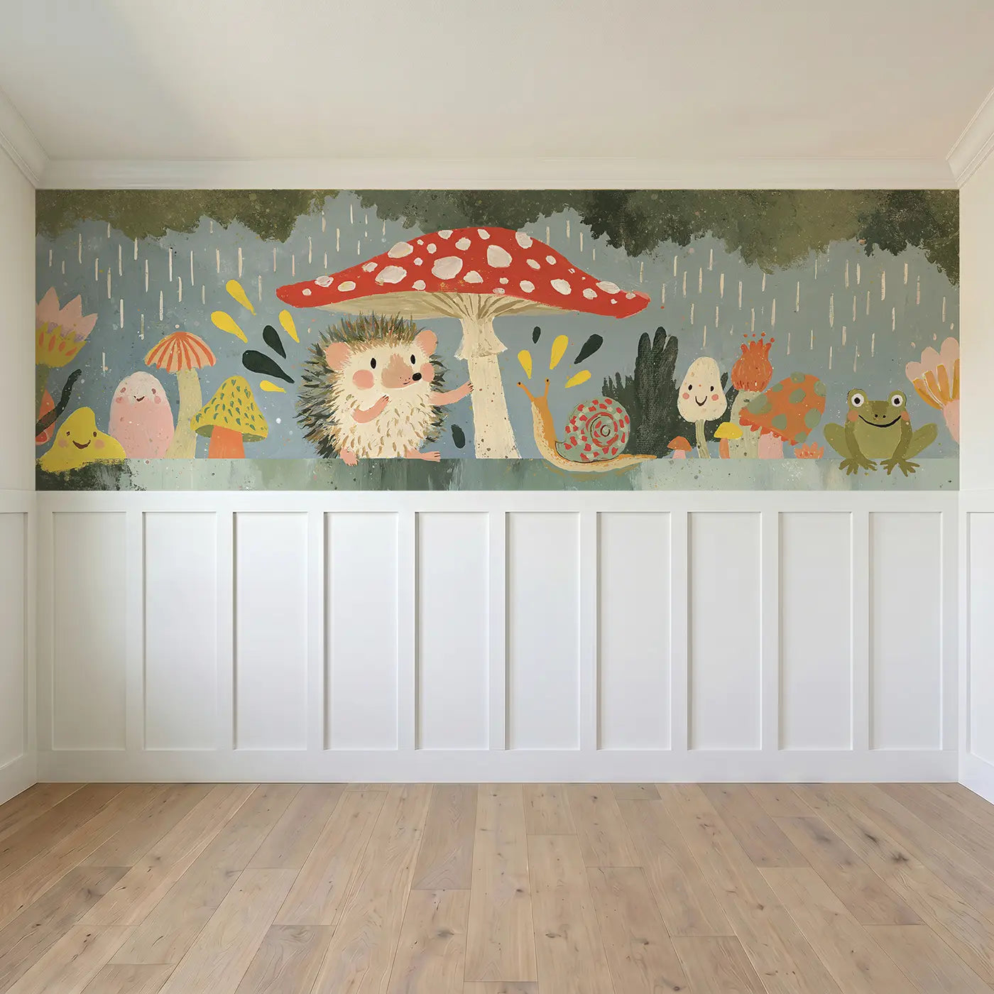 Full panel view of Hedgehog Toadstool Rain Wainscoting Wallpaper by Whimsy Tots