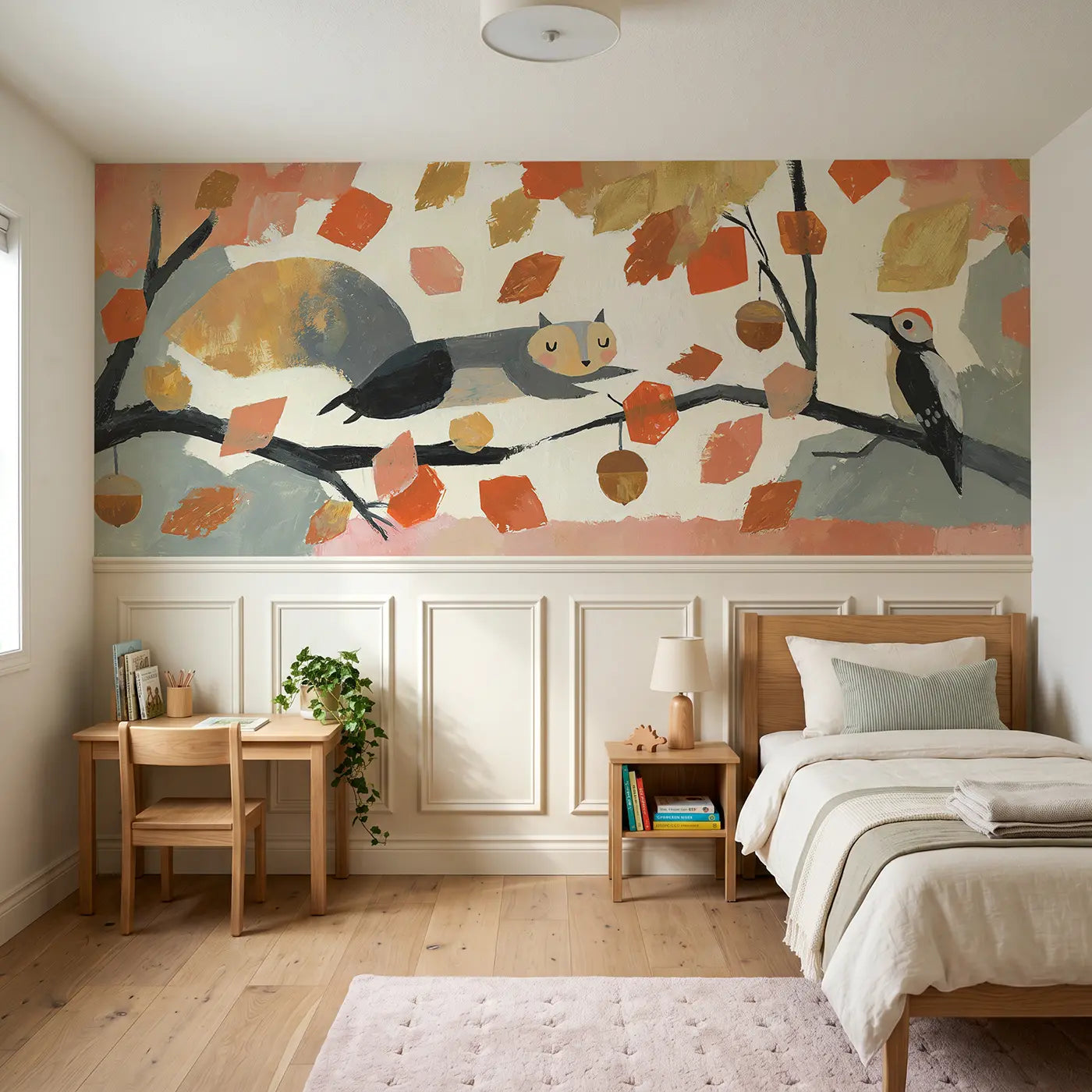 Modern Illustration squirrel autumn geometric leaves wainscoting wallpaper for bedroom by Whimsy Tots