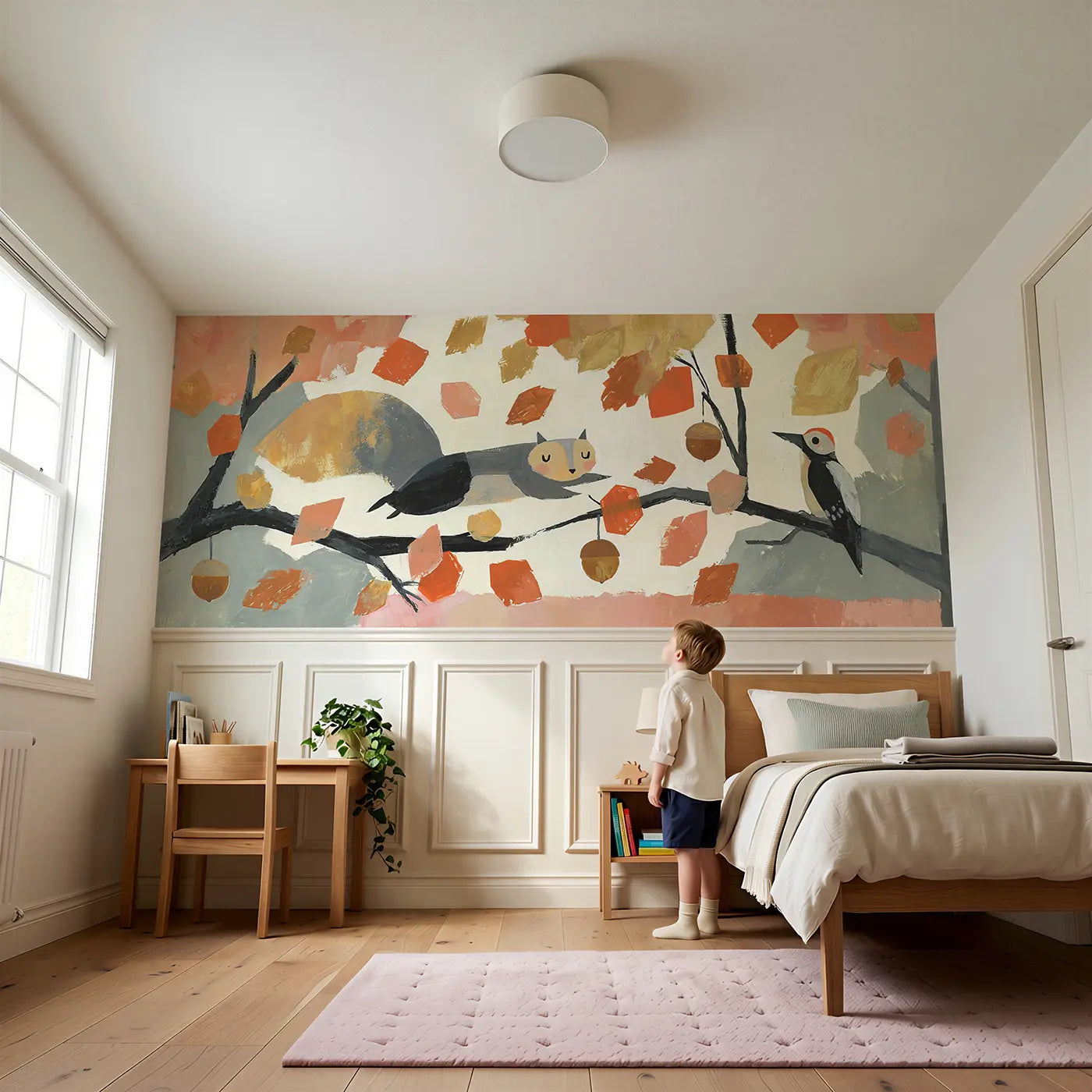 Child reading near Squirrel Autumn Geometric Leaves Wainscoting Wallpaper by Whimsy Tots