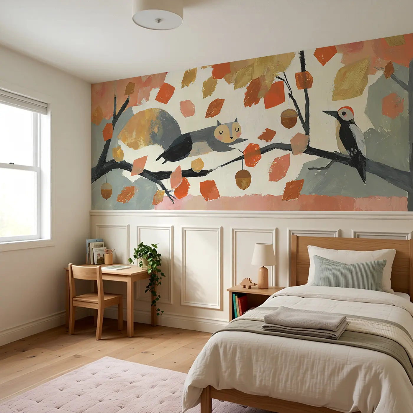 Squirrel Autumn Geometric Leaves Wainscoting Wallpaper styled in a kids bedroom by Whimsy Tots