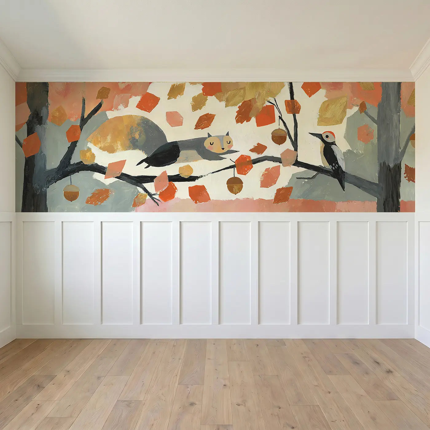 Full panel view of Squirrel Autumn Geometric Leaves Wainscoting Wallpaper by Whimsy Tots