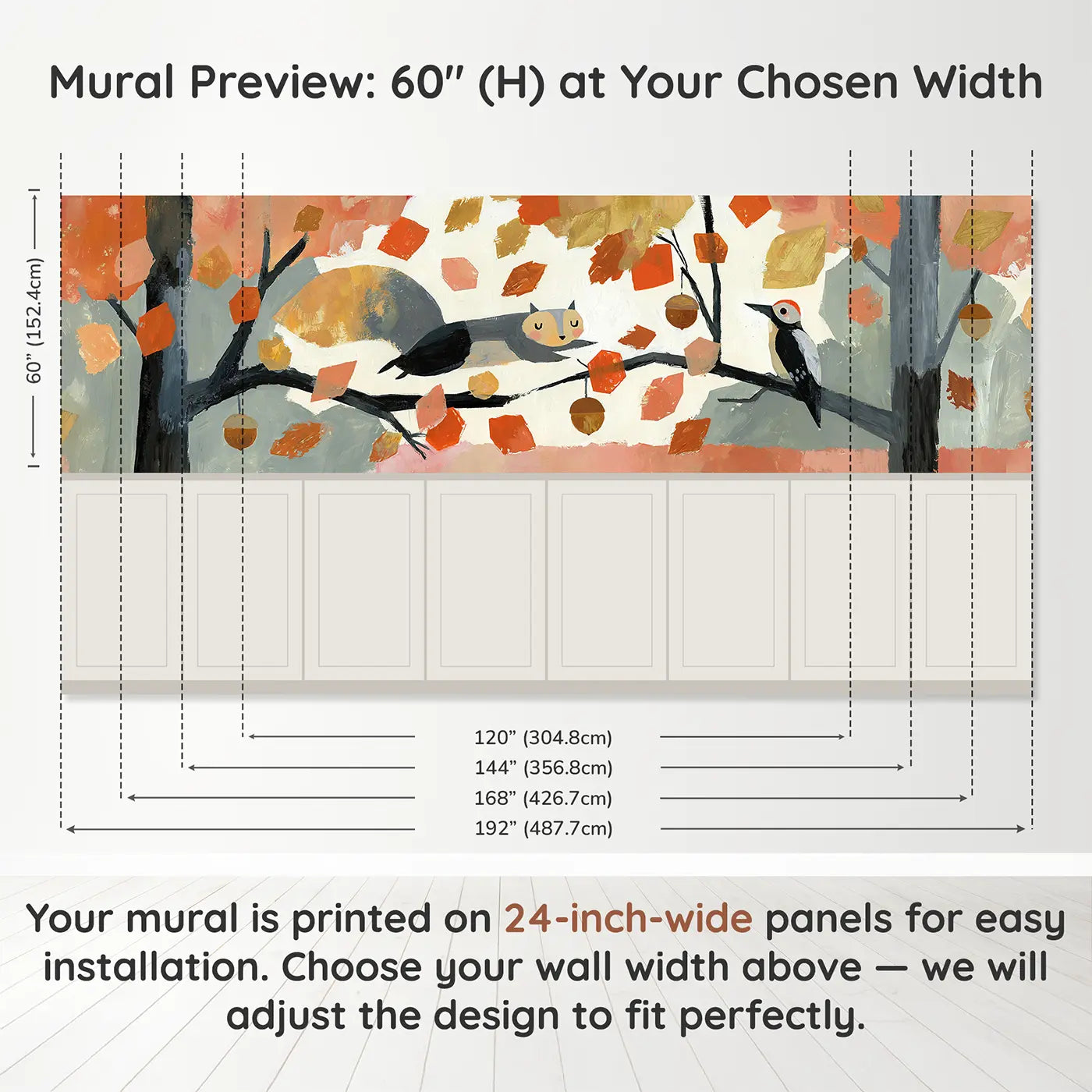 Panel dimensions for Squirrel Autumn Geometric Leaves Wainscoting Wallpaper by Whimsy Tots
