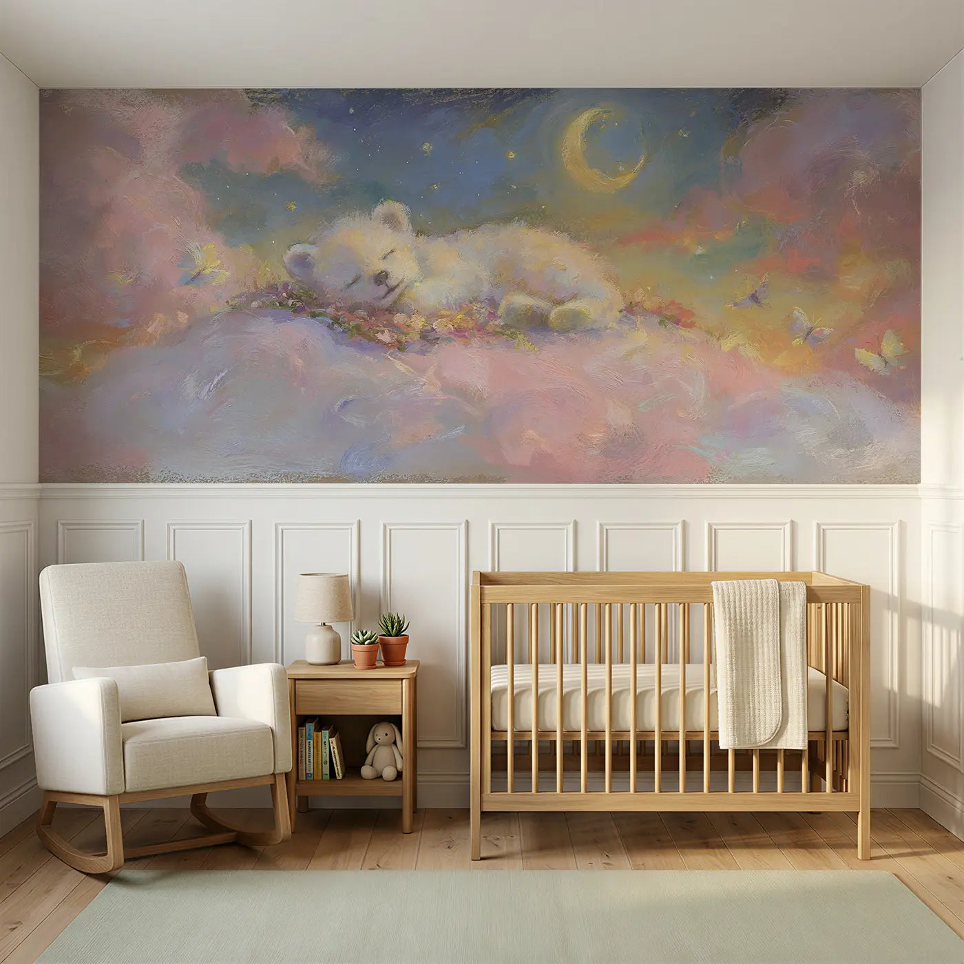Soft Pastel sleeping bear cub dreamy wainscoting wallpaper for nursery by Whimsy Tots