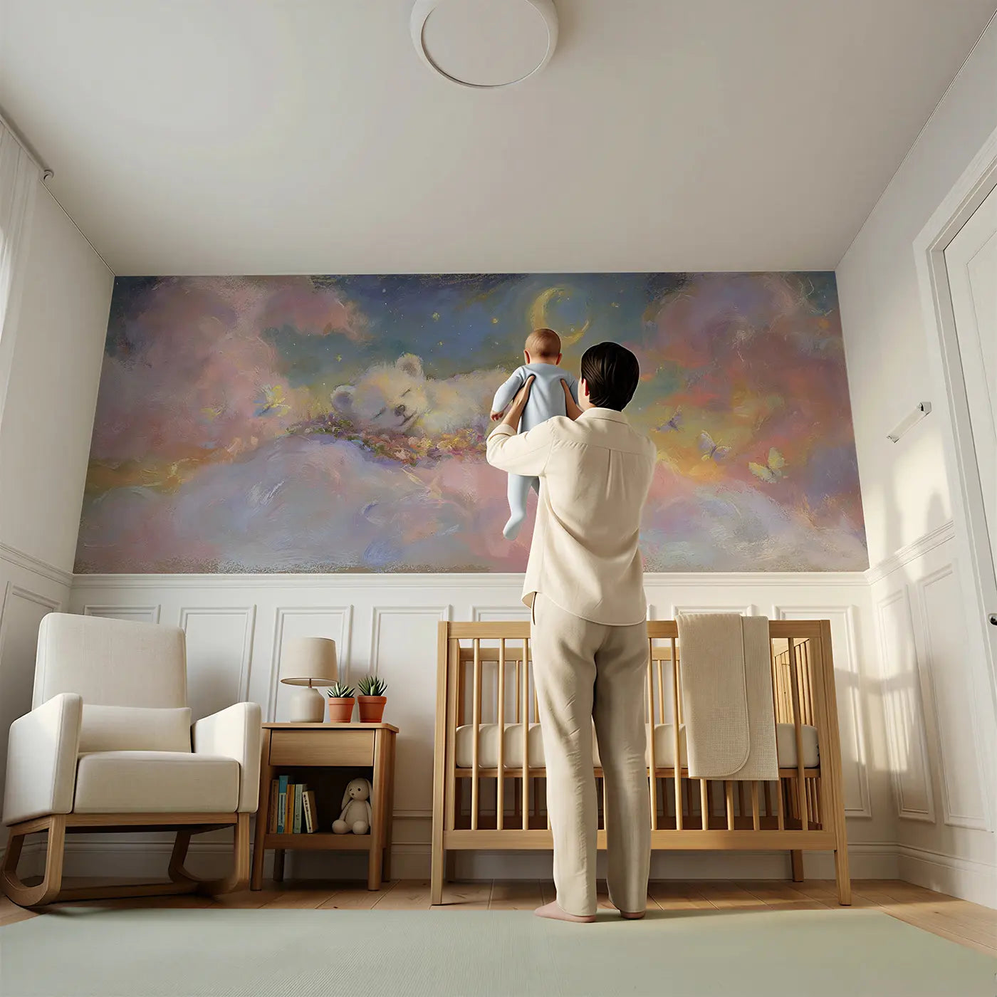 Child reading near Sleeping Bear Cub Dreamy Wainscoting Wallpaper by Whimsy Tots