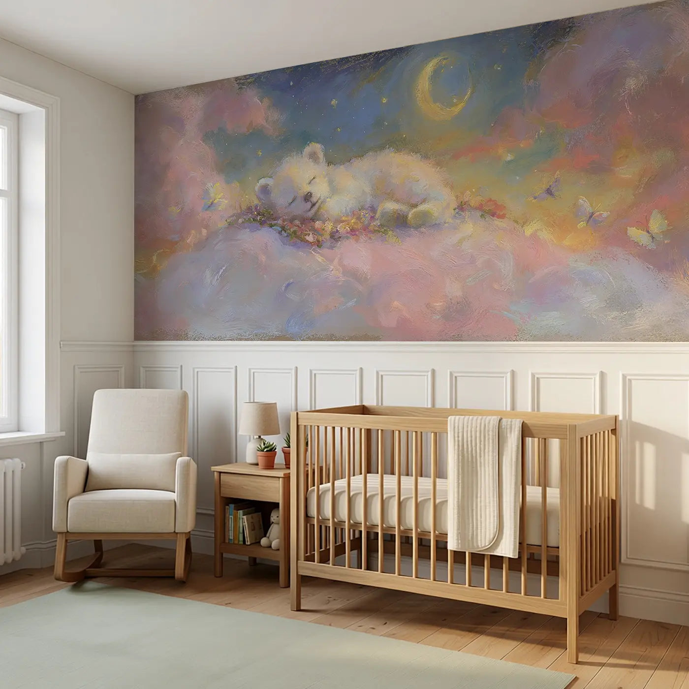 Sleeping Bear Cub Dreamy Wainscoting Wallpaper styled in a kids bedroom by Whimsy Tots