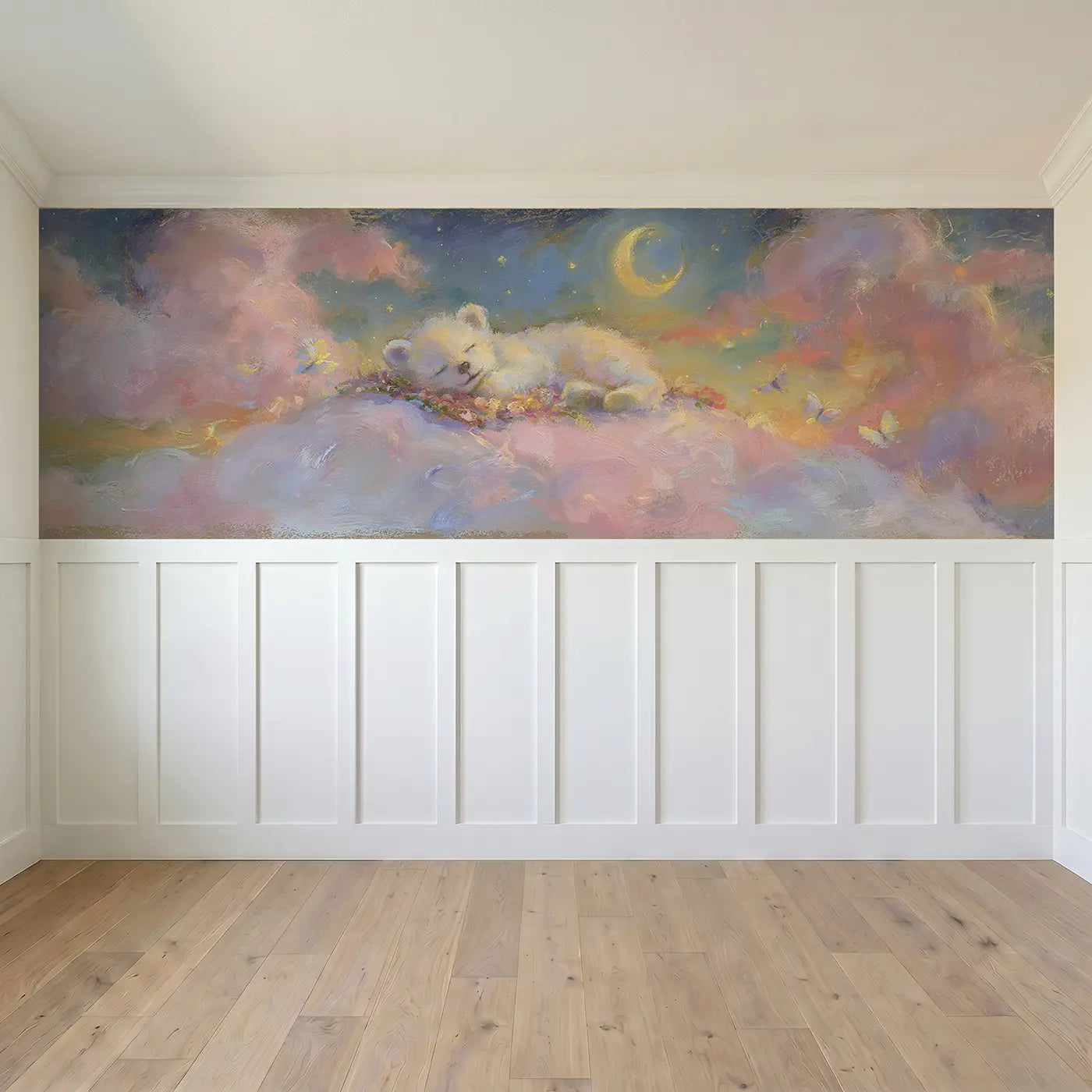 Full panel view of Sleeping Bear Cub Dreamy Wainscoting Wallpaper by Whimsy Tots