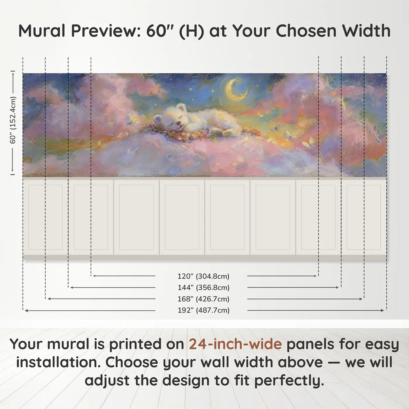 Panel dimensions for Sleeping Bear Cub Dreamy Wainscoting Wallpaper by Whimsy Tots