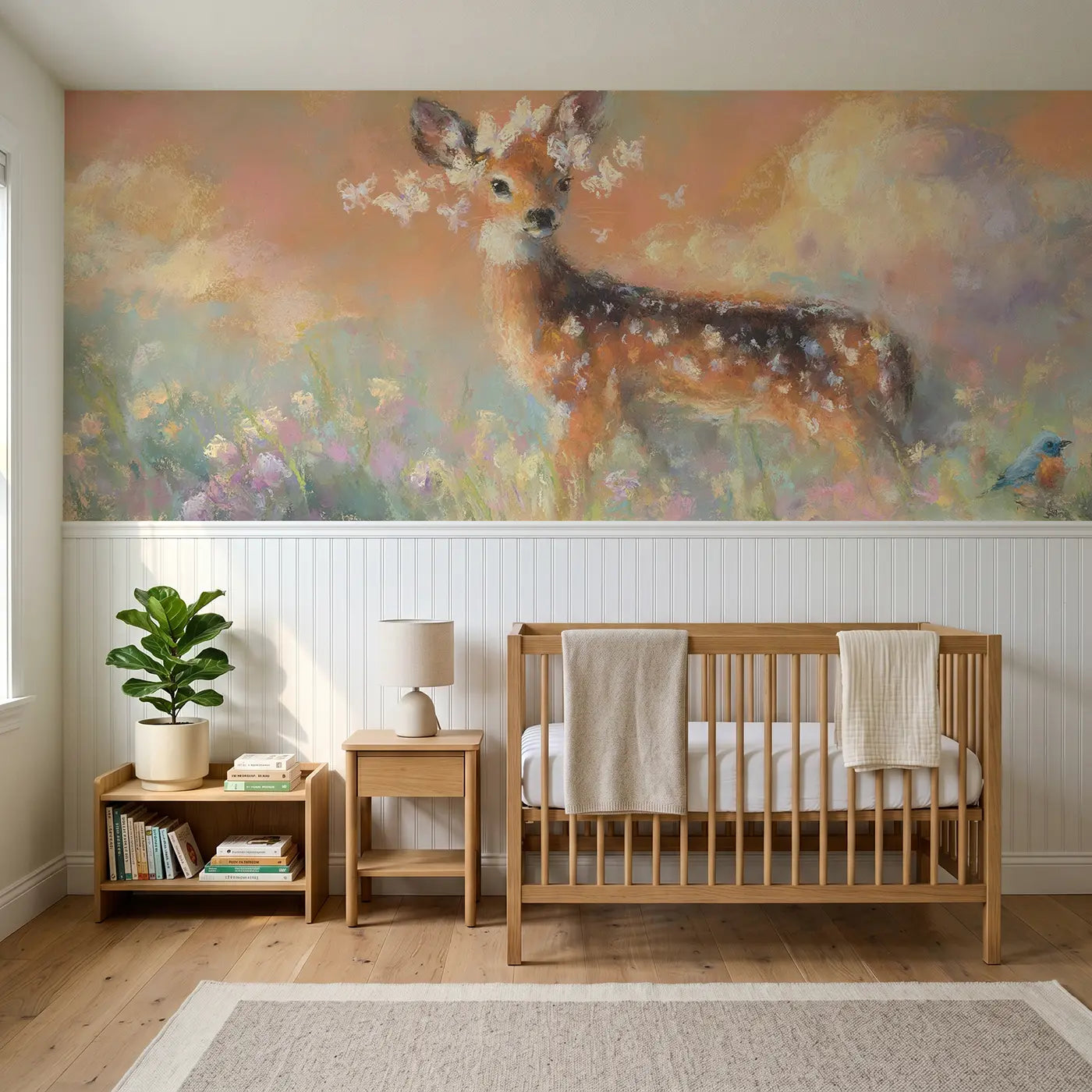 Soft Pastel fawn butterfly misty morning wainscoting wallpaper for nursery by Whimsy Tots