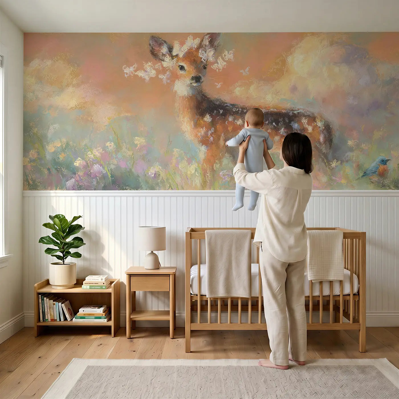 Child reading near Fawn Butterfly Misty Morning Wainscoting Wallpaper by Whimsy Tots