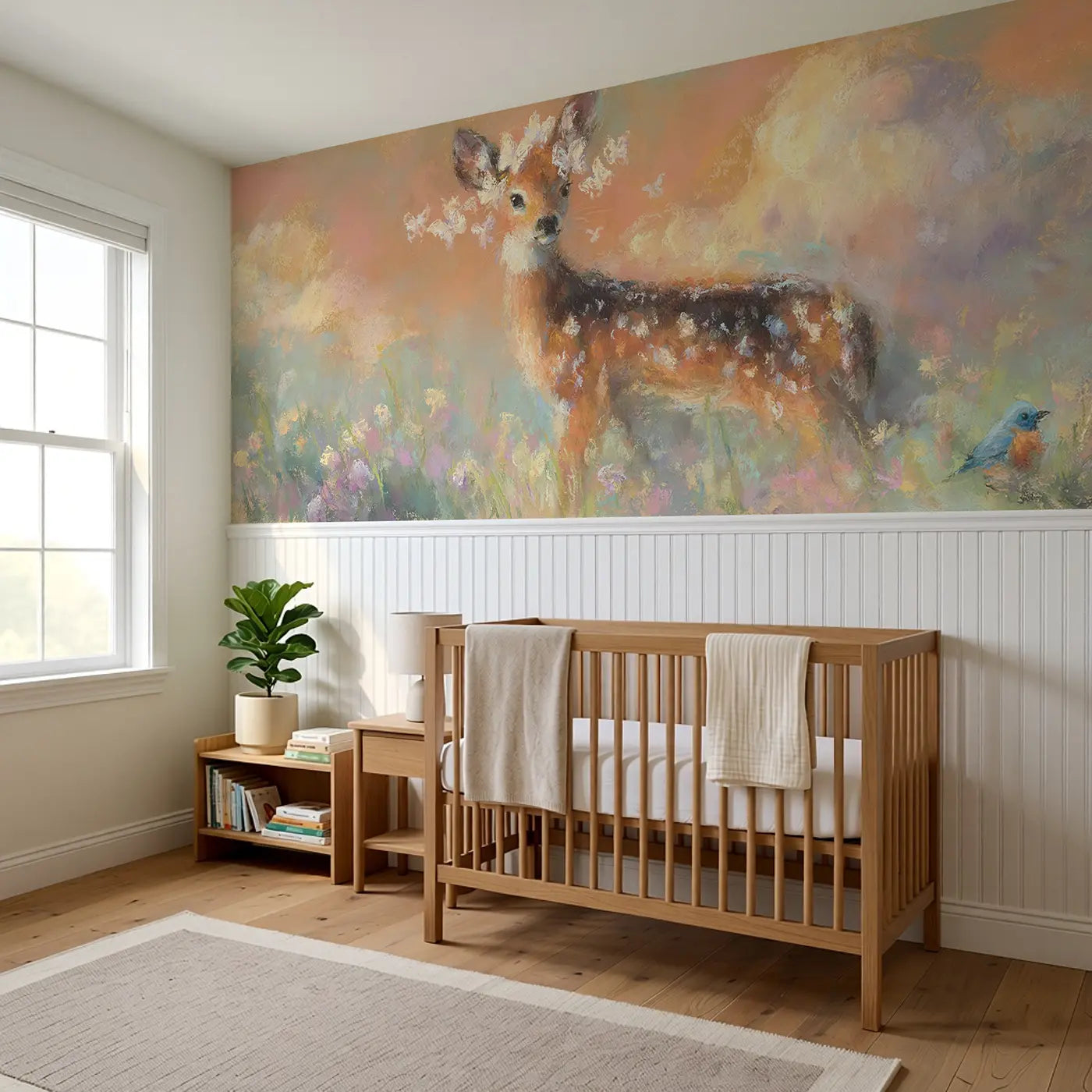 Fawn Butterfly Misty Morning Wainscoting Wallpaper styled in a kids bedroom by Whimsy Tots