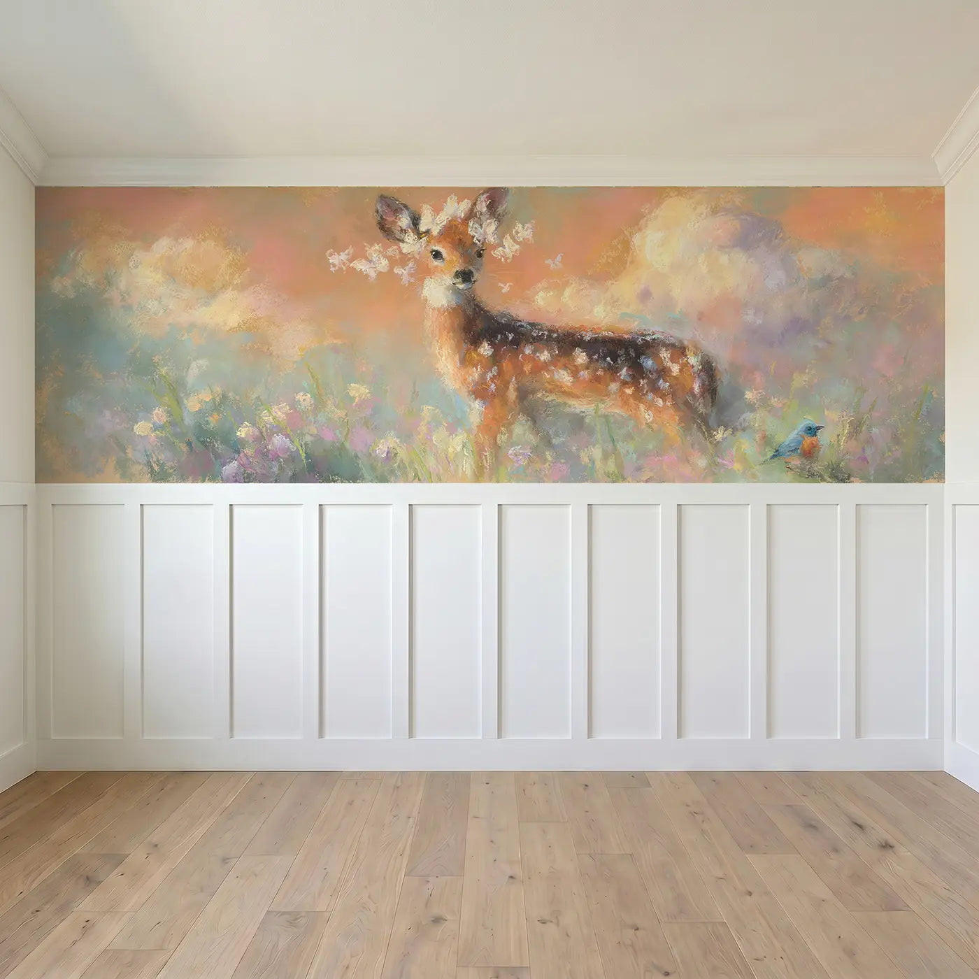Full panel view of Fawn Butterfly Misty Morning Wainscoting Wallpaper by Whimsy Tots