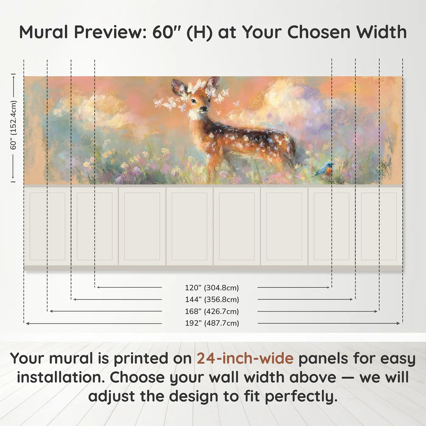 Panel dimensions for Fawn Butterfly Misty Morning Wainscoting Wallpaper by Whimsy Tots