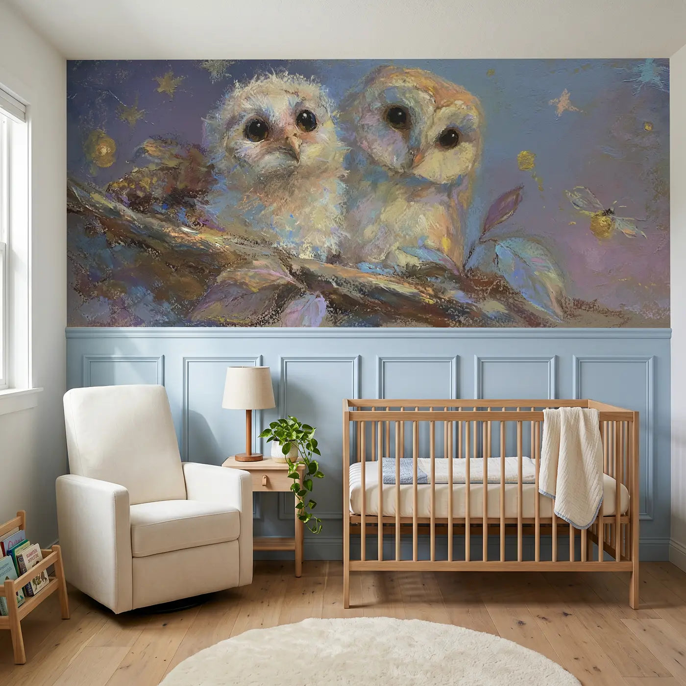 Soft Pastel baby owl starlit nest wainscoting wallpaper for nursery by Whimsy Tots