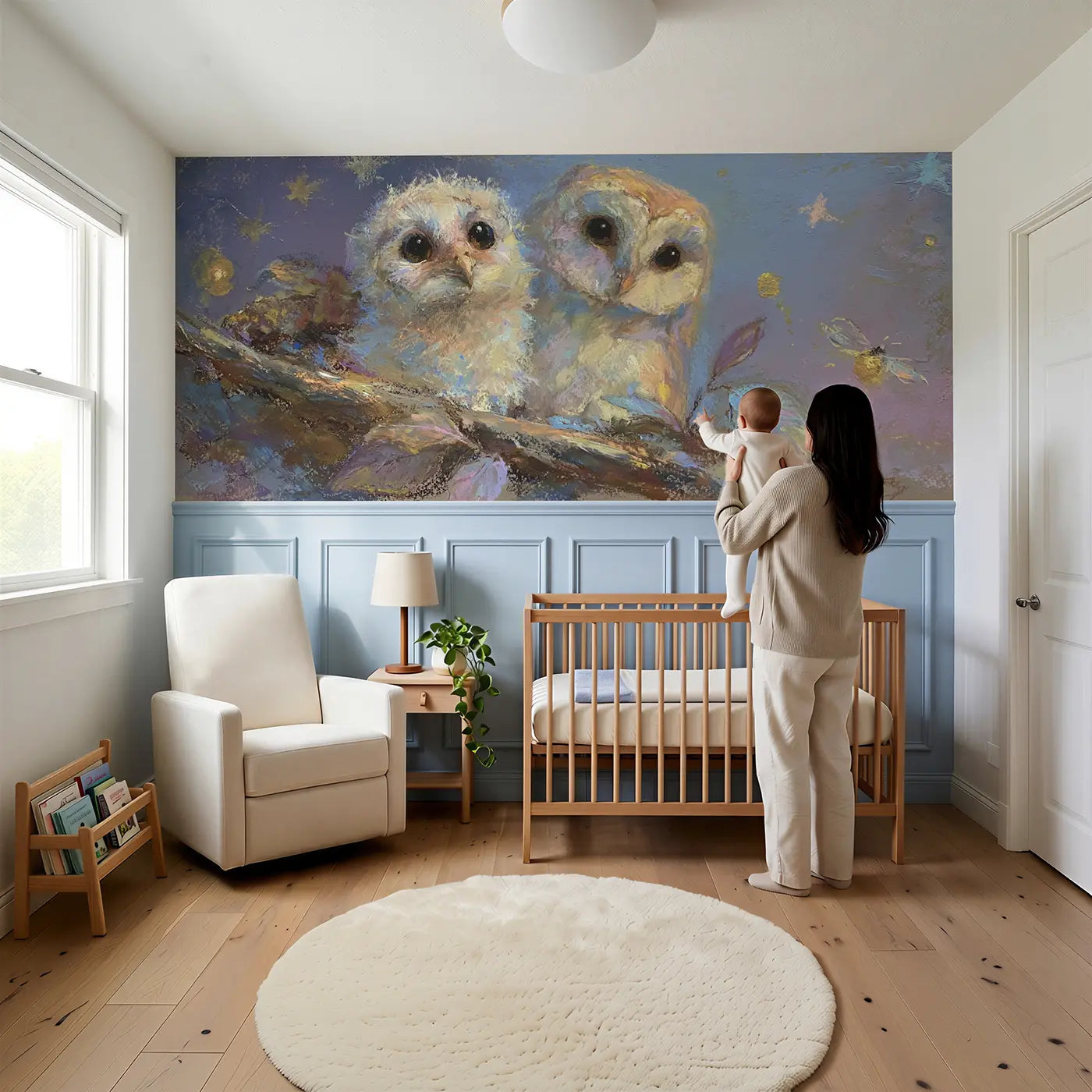 Child reading near Baby Owl Starlit Nest Wainscoting Wallpaper by Whimsy Tots