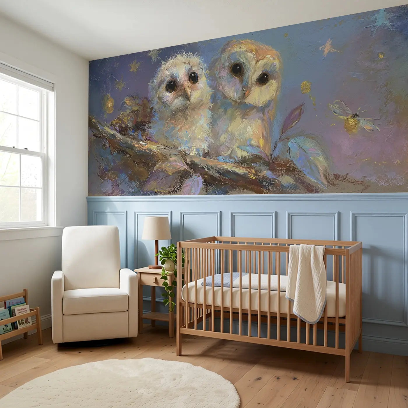 Baby Owl Starlit Nest Wainscoting Wallpaper styled in a kids bedroom by Whimsy Tots