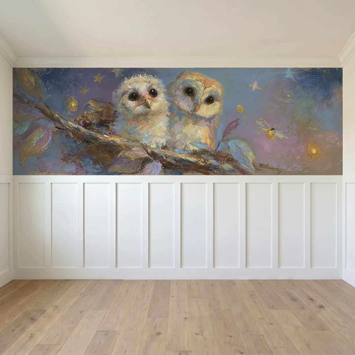 Full panel view of Baby Owl Starlit Nest Wainscoting Wallpaper by Whimsy Tots