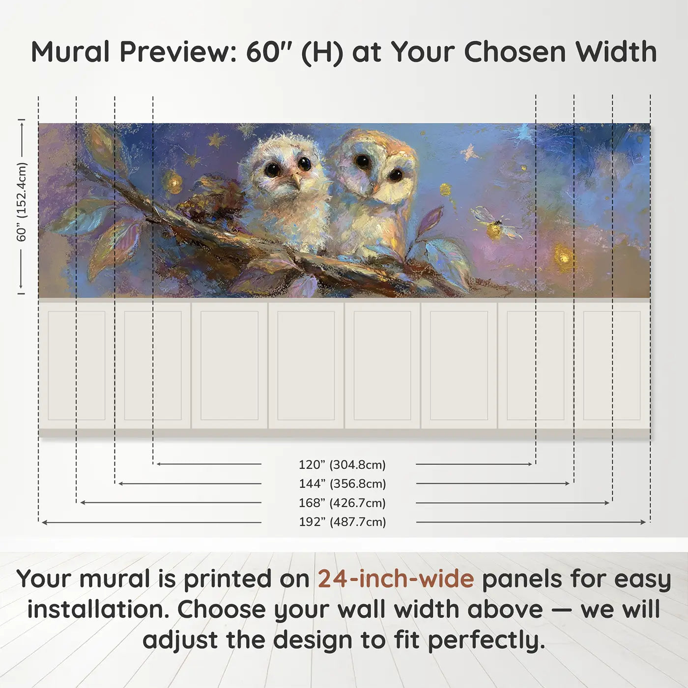 Panel dimensions for Baby Owl Starlit Nest Wainscoting Wallpaper by Whimsy Tots