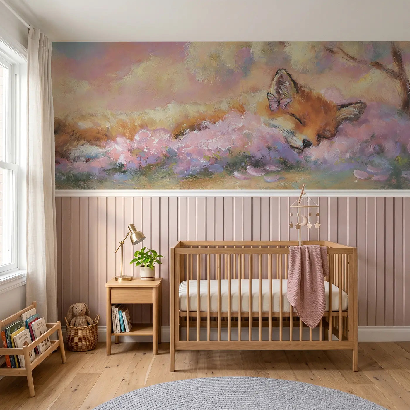 Soft Pastel fox kit flower nap wainscoting wallpaper for nursery by Whimsy Tots
