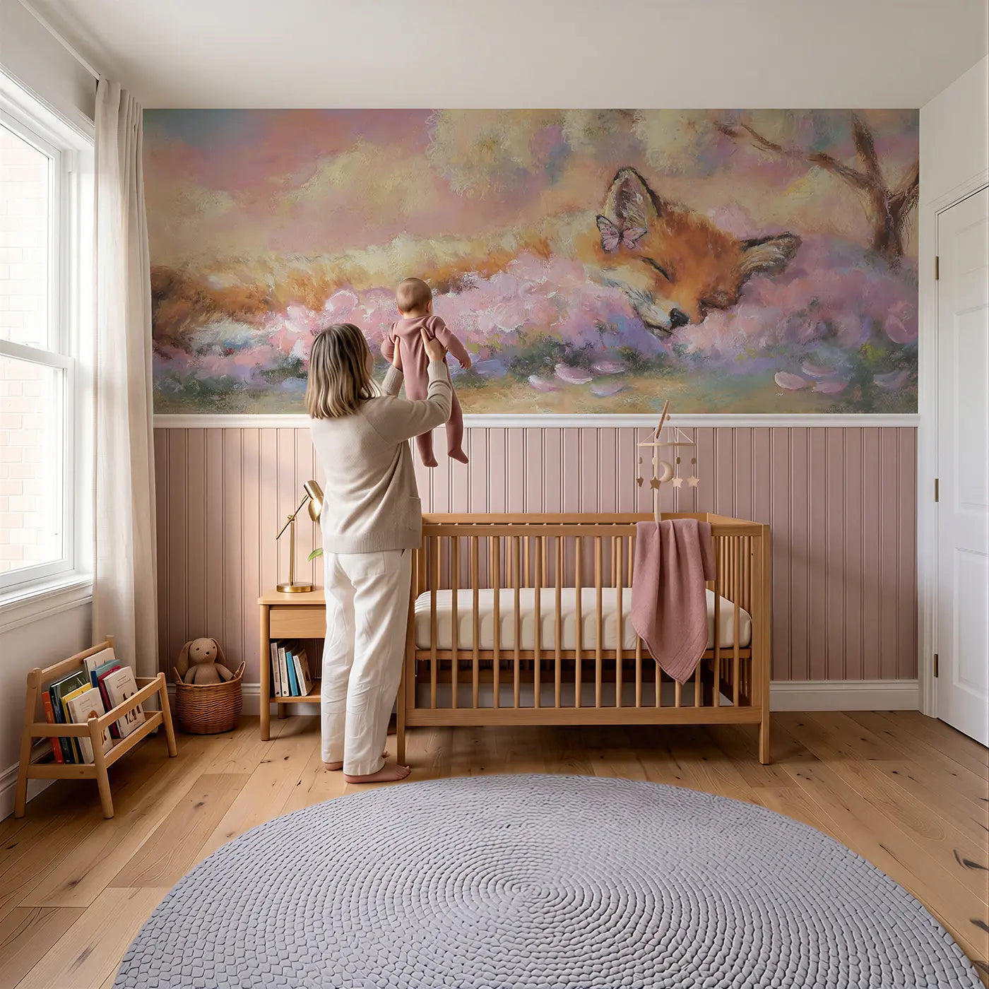 Child reading near Fox Kit Flower Nap Wainscoting Wallpaper by Whimsy Tots