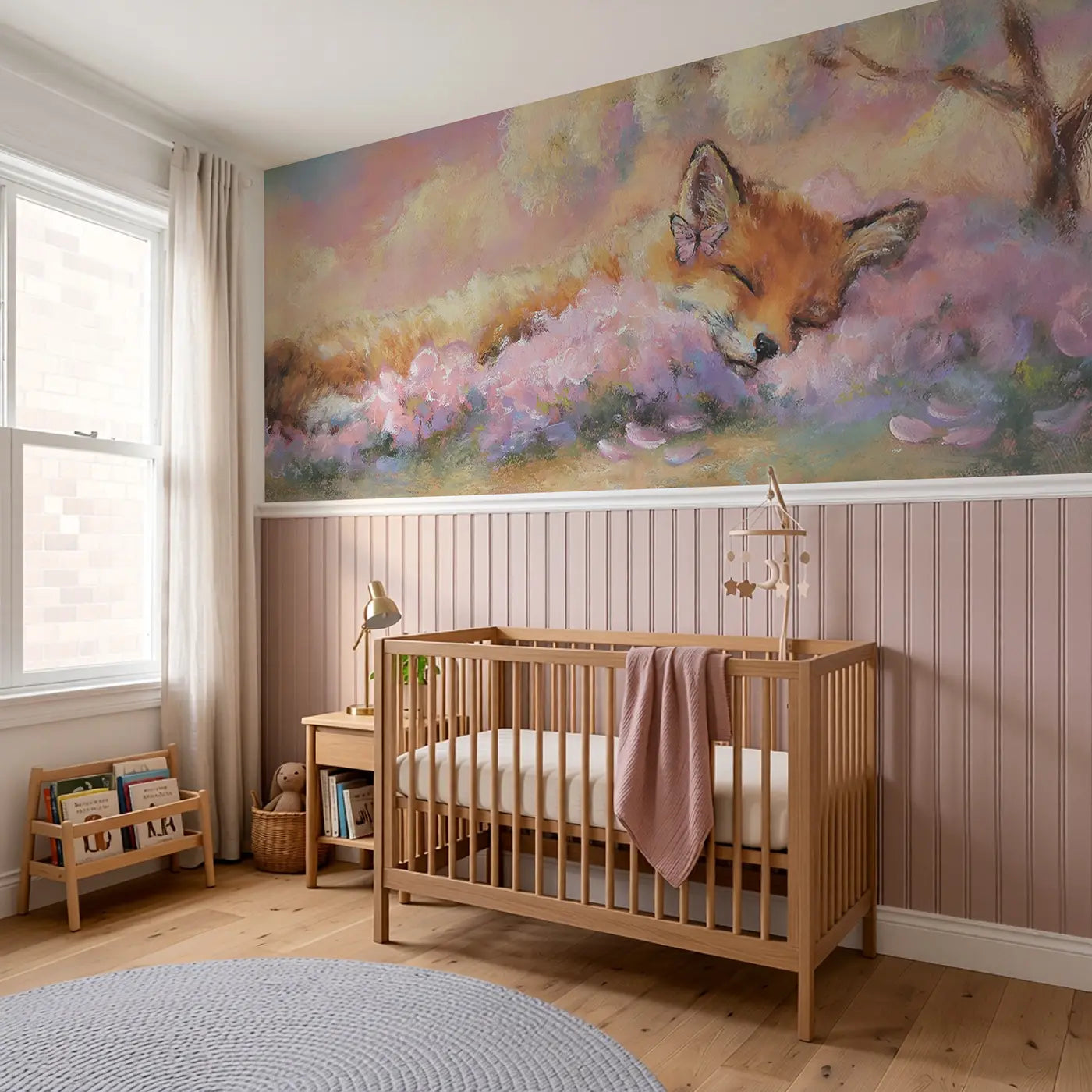 Fox Kit Flower Nap Wainscoting Wallpaper styled in a kids bedroom by Whimsy Tots