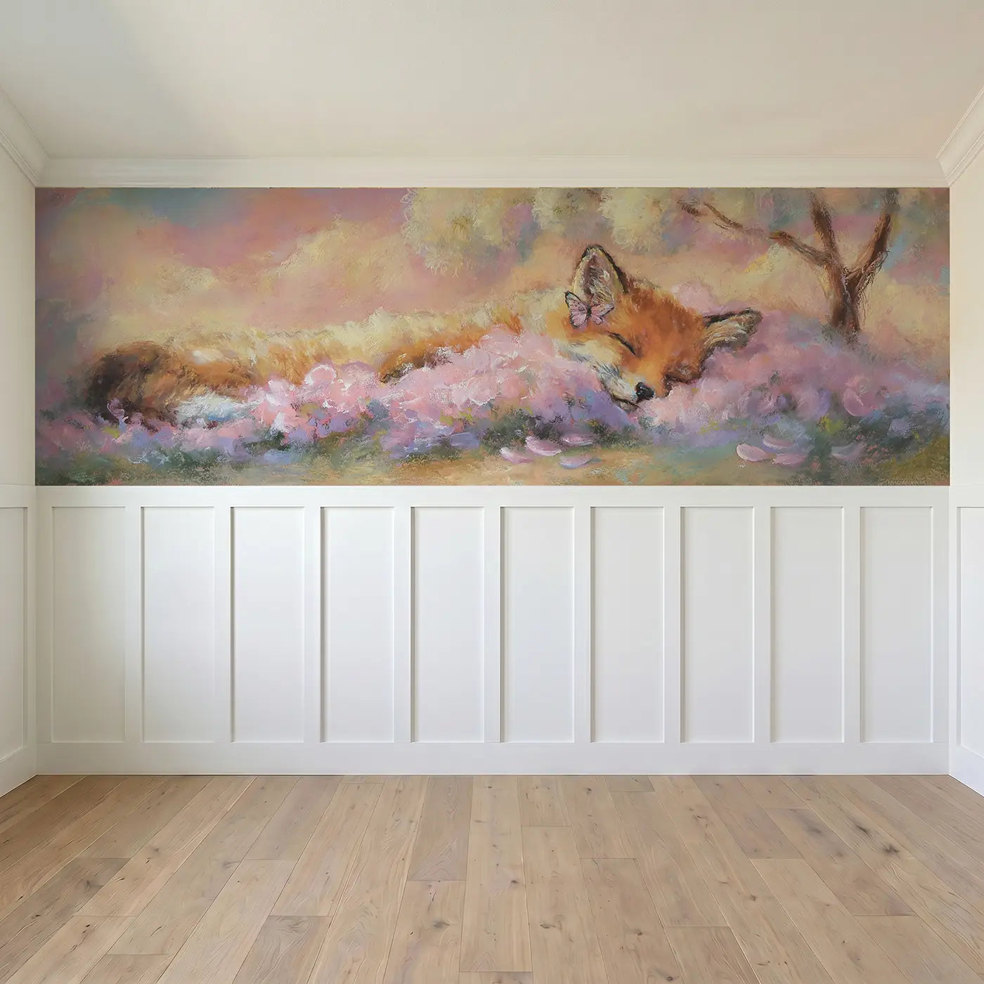 Full panel view of Fox Kit Flower Nap Wainscoting Wallpaper by Whimsy Tots